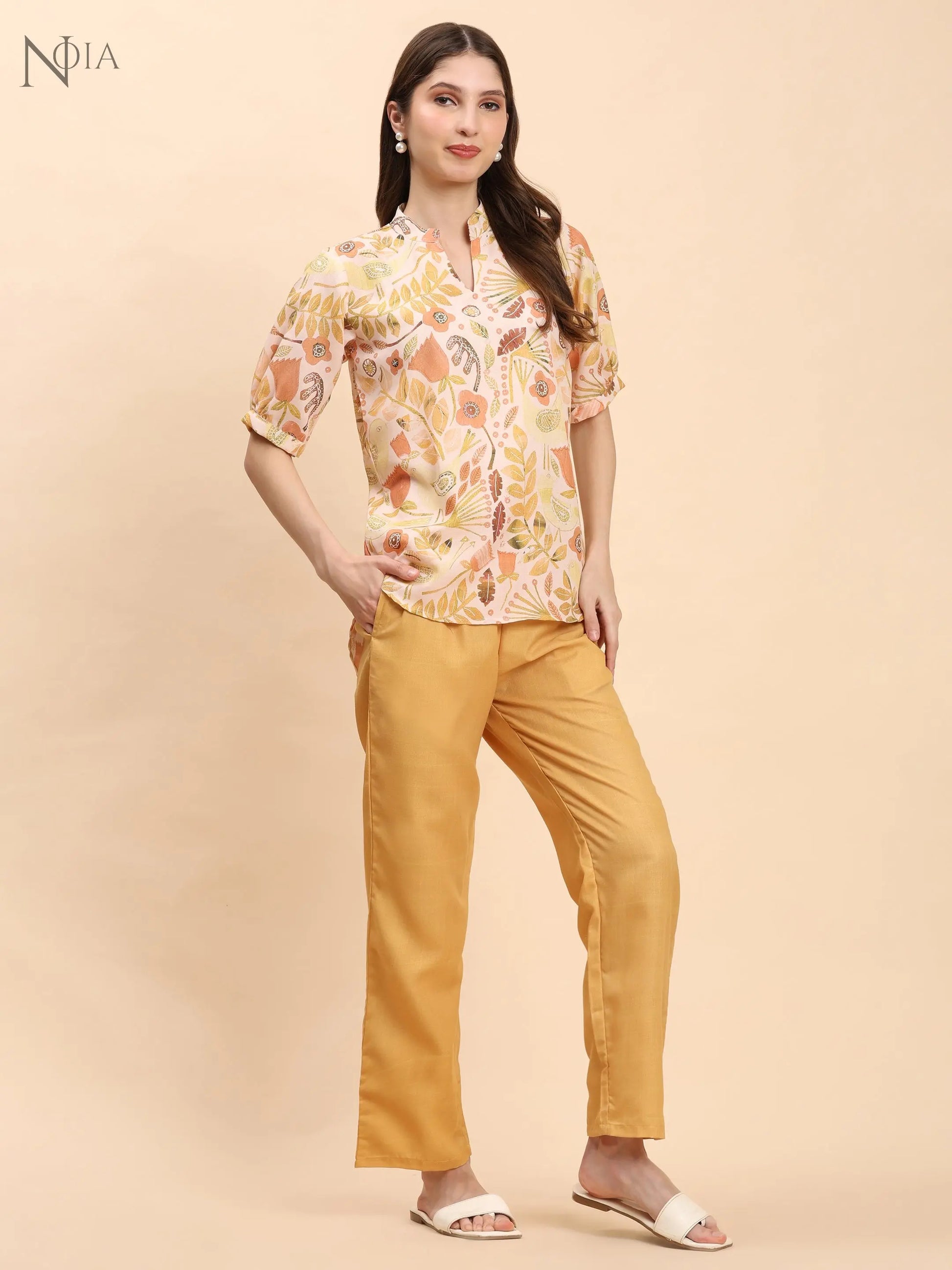 Noia Yellow Multi Abstract Floral Short Sleeve Top with Trousers Noia