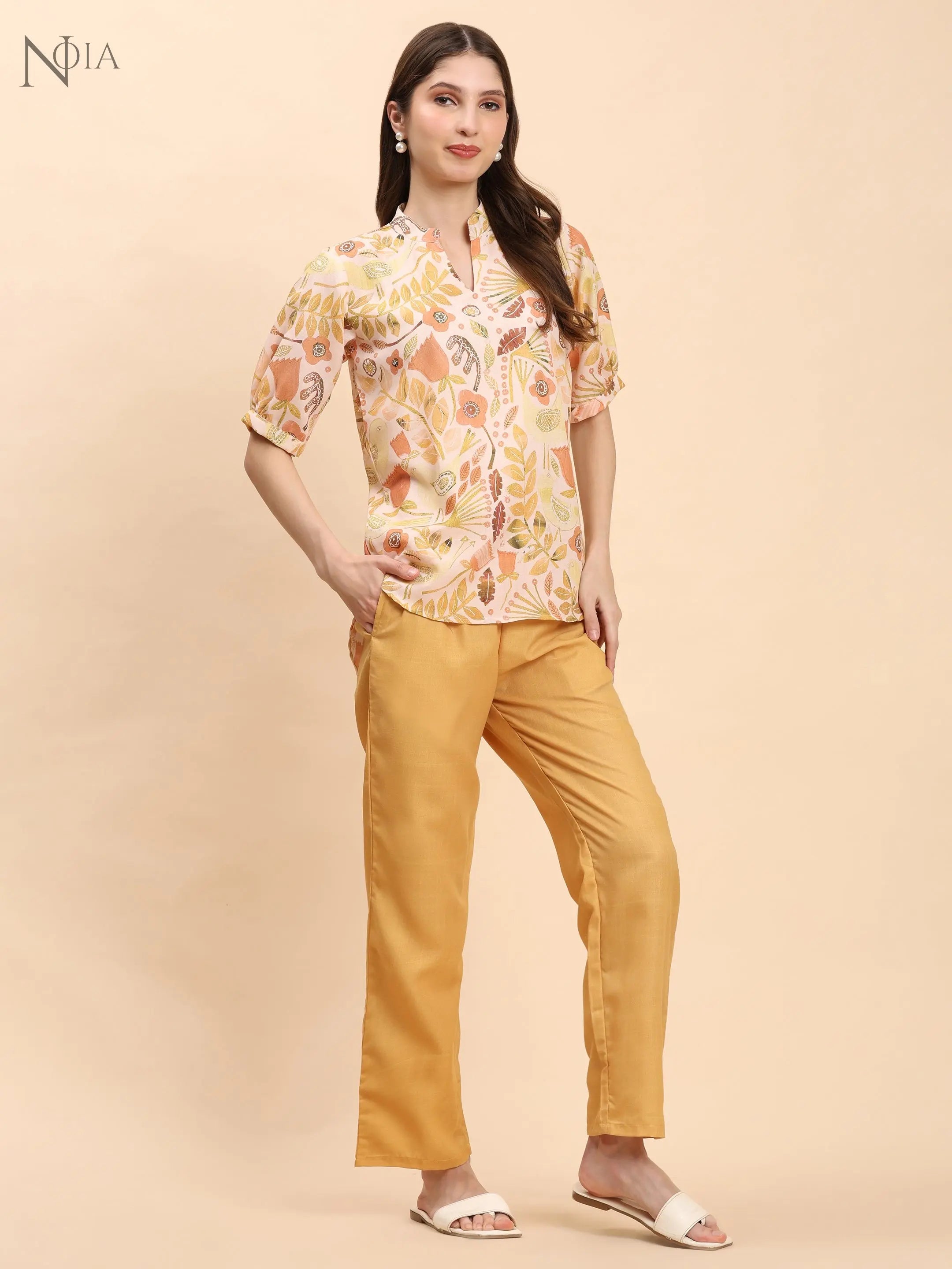 Noia Yellow Multi Abstract Floral Short Sleeve Top with Trousers Noia