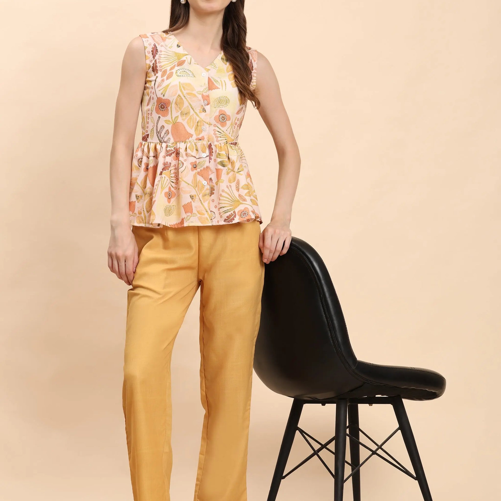 Noia Yellow Multi Abstract Floral Sleeveless Peplum Top with Trousers Noia