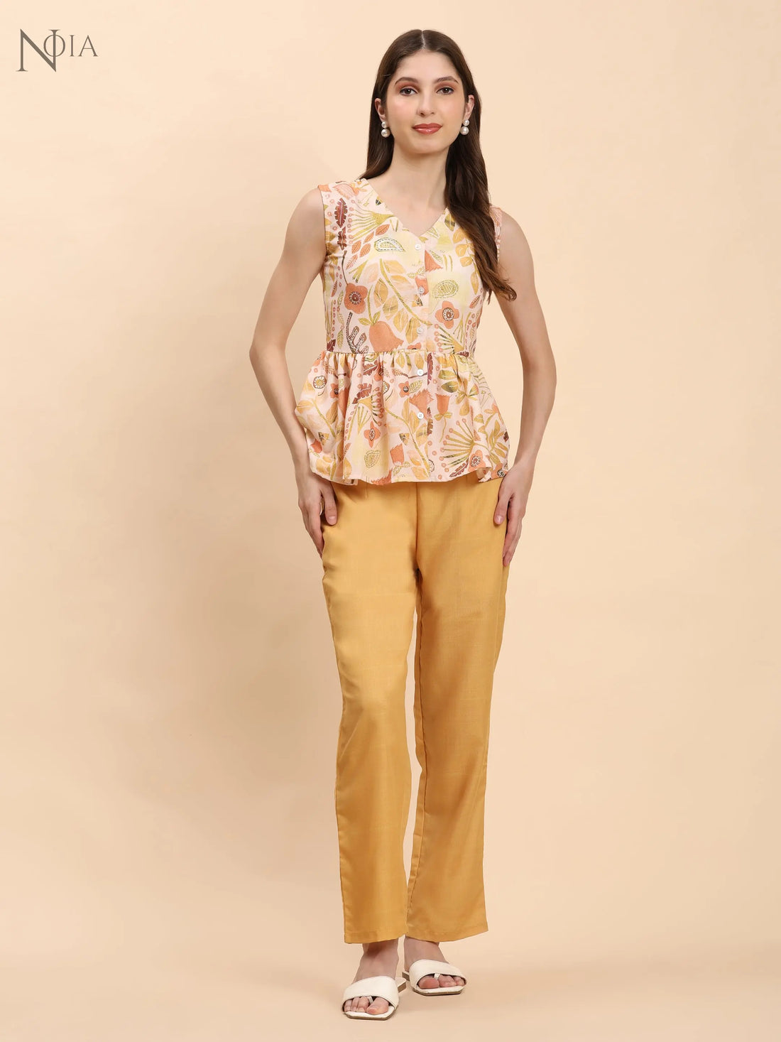 Noia Yellow Multi Abstract Floral Sleeveless Peplum Top with Trousers Noia