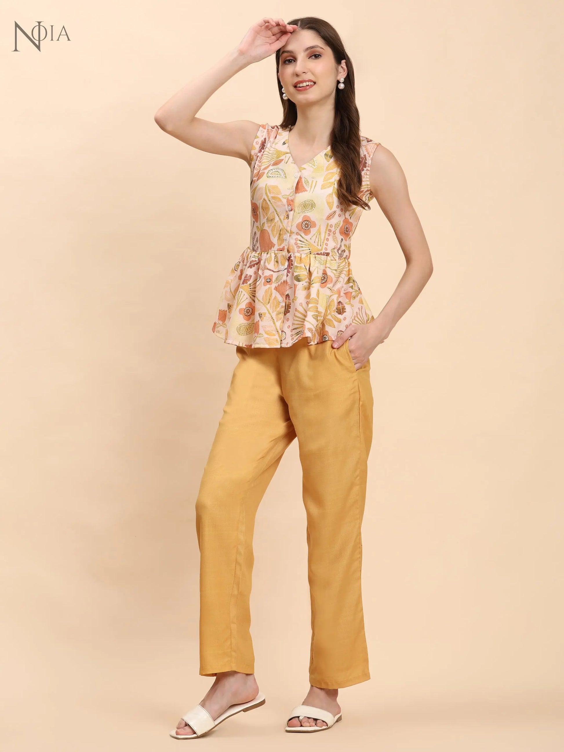 Noia Yellow Multi Abstract Floral Sleeveless Peplum Top with Trousers Noia