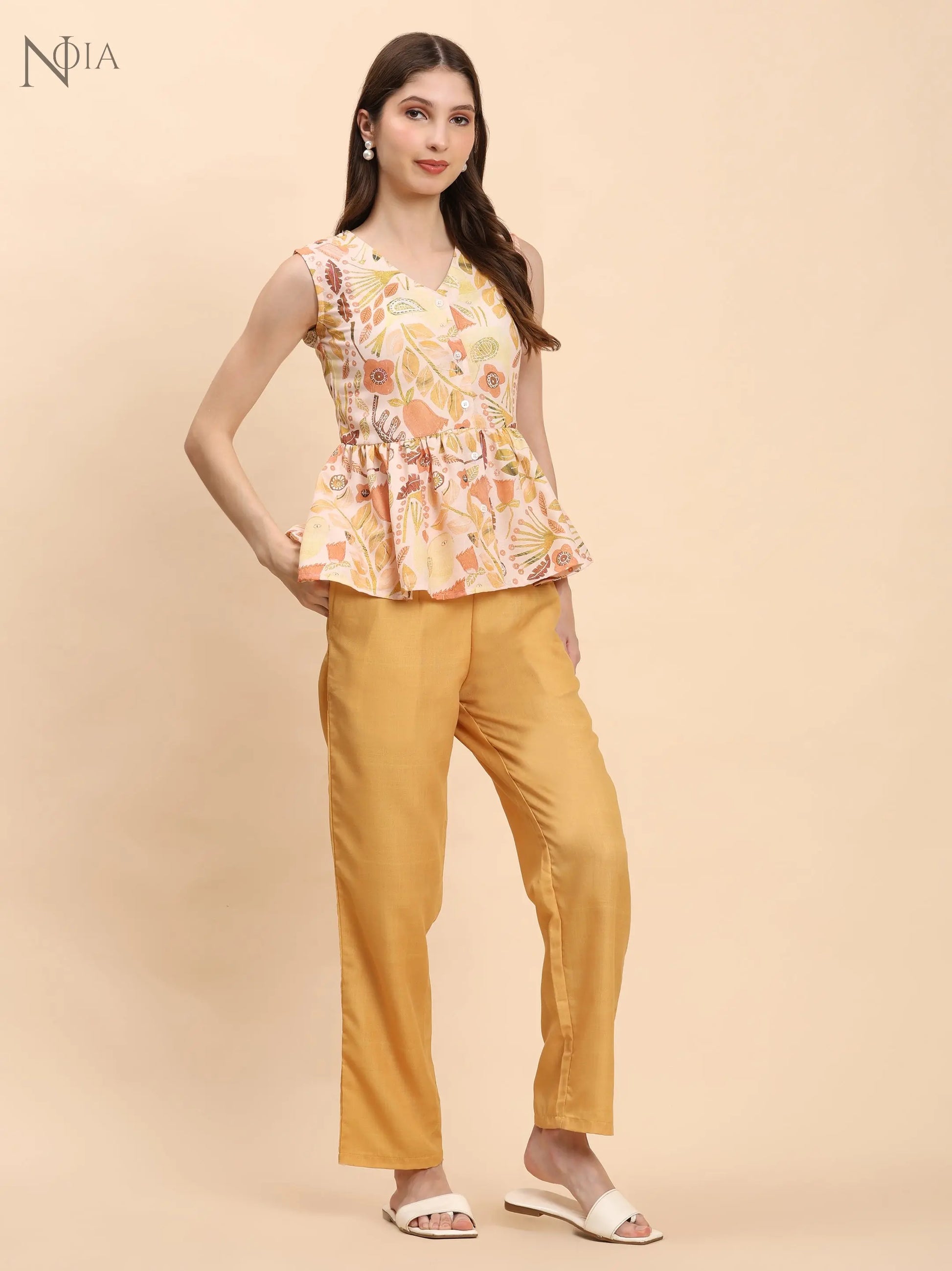 Noia Yellow Multi Abstract Floral Sleeveless Peplum Top with Trousers Noia