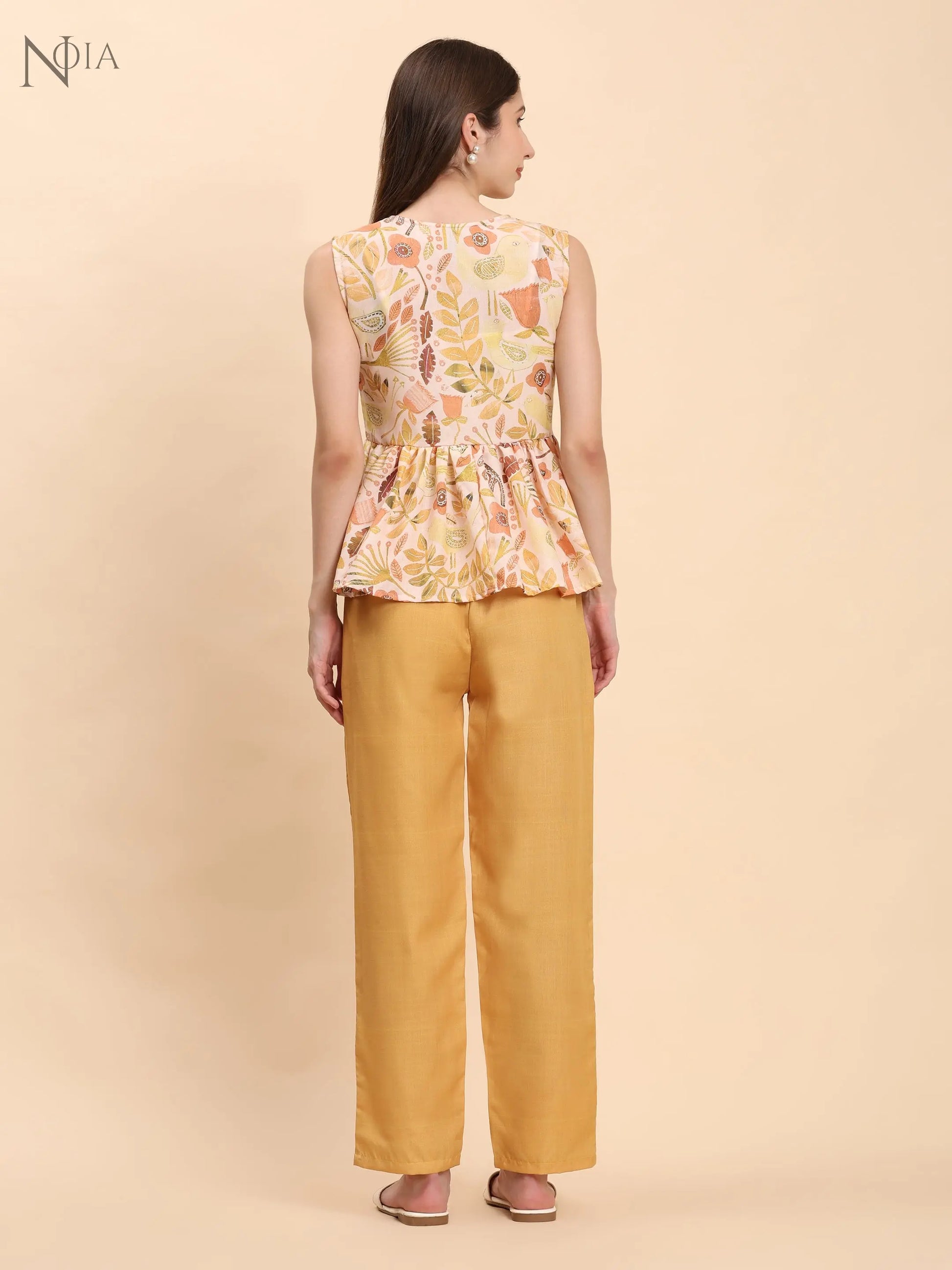 Noia Yellow Multi Abstract Floral Sleeveless Peplum Top with Trousers Noia
