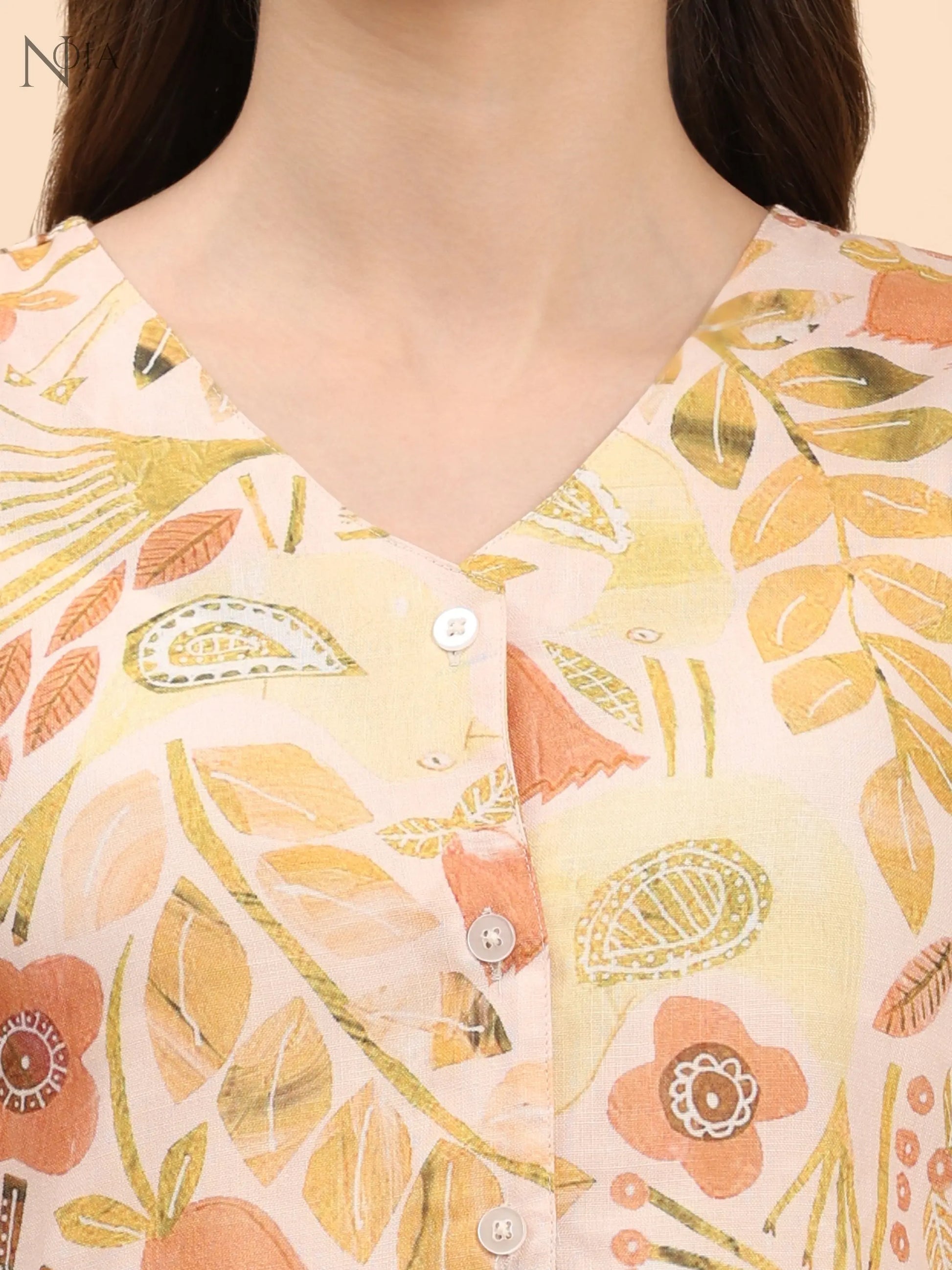 Noia Yellow Multi Abstract Floral Sleeveless Peplum Top with Trousers Noia