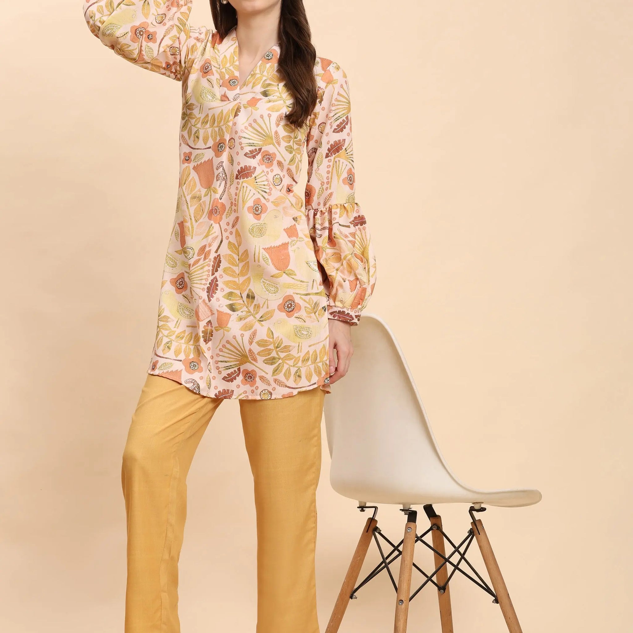 Noia Yellow Multi Abstract Floral V Necked Top with Trousers Noia
