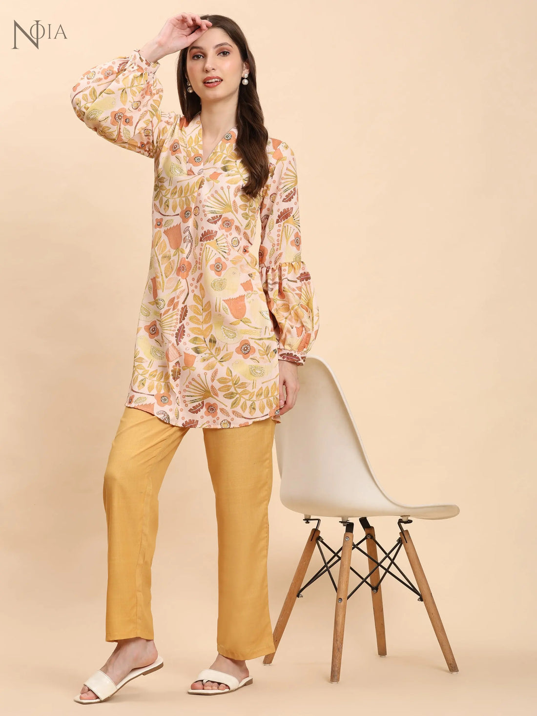 Noia Yellow Multi Abstract Floral V Necked Top with Trousers Noia