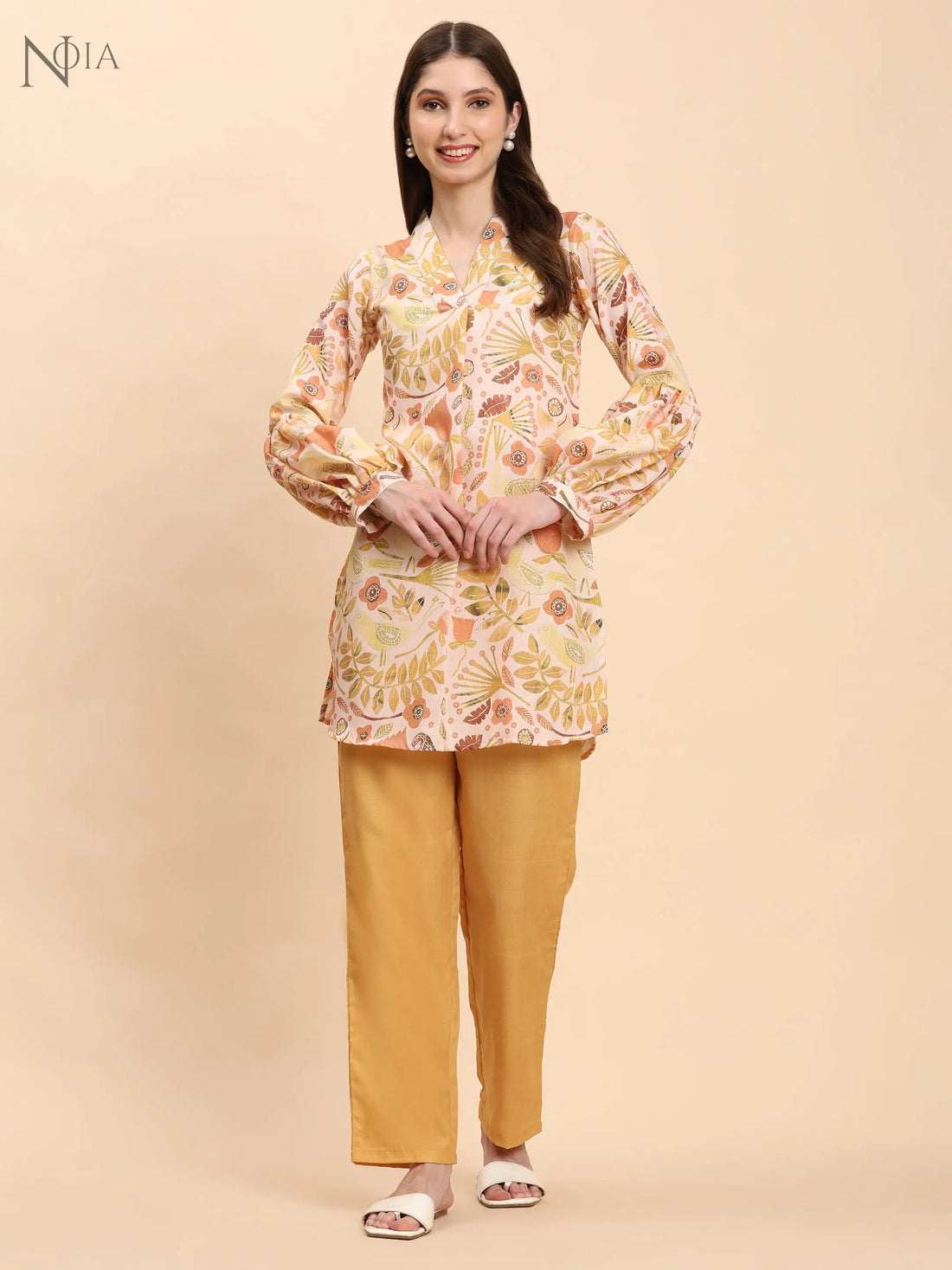 Noia Yellow Multi Abstract Floral V Necked Top with Trousers Noia