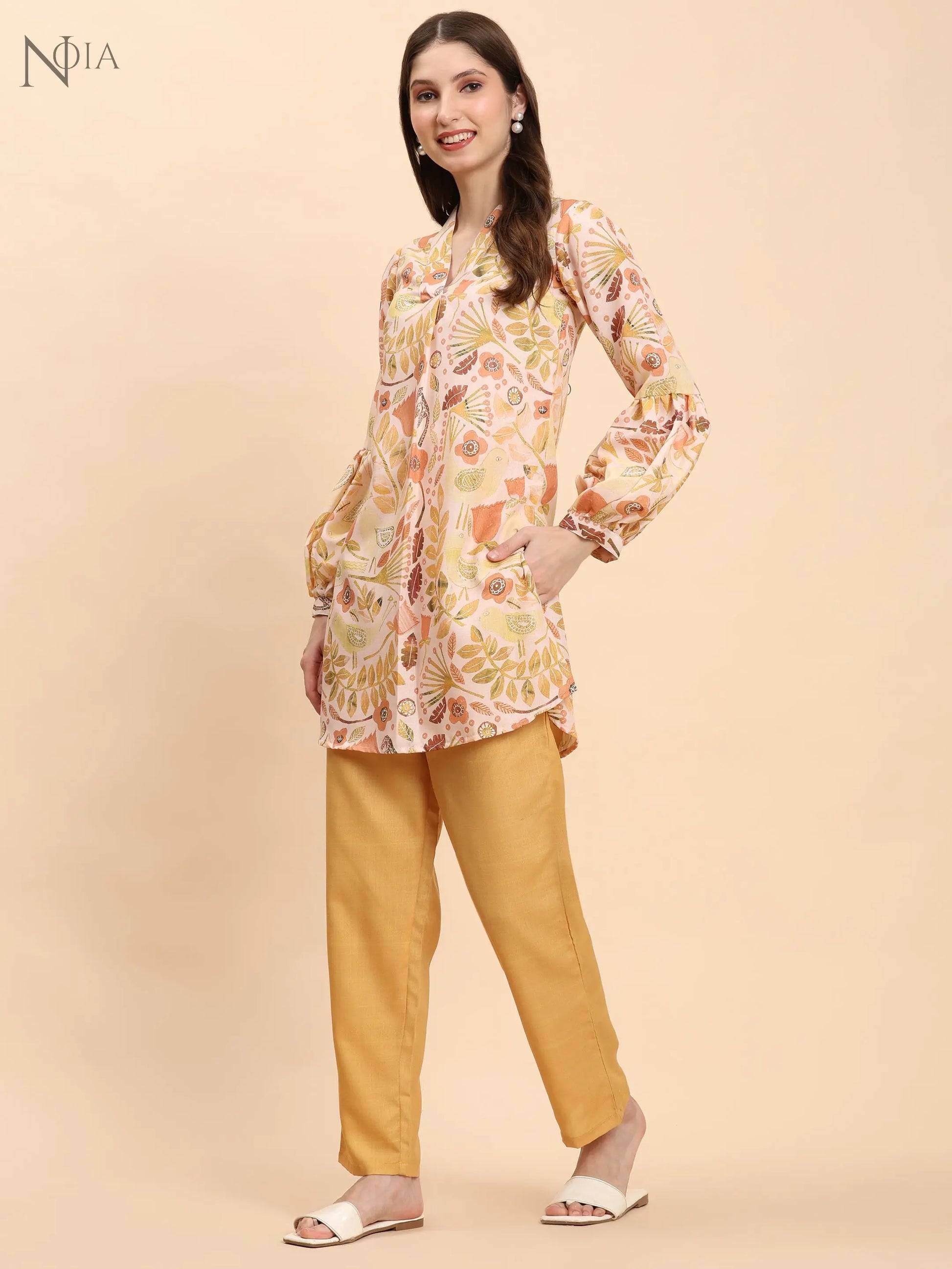 Noia Yellow Multi Abstract Floral V Necked Top with Trousers Noia