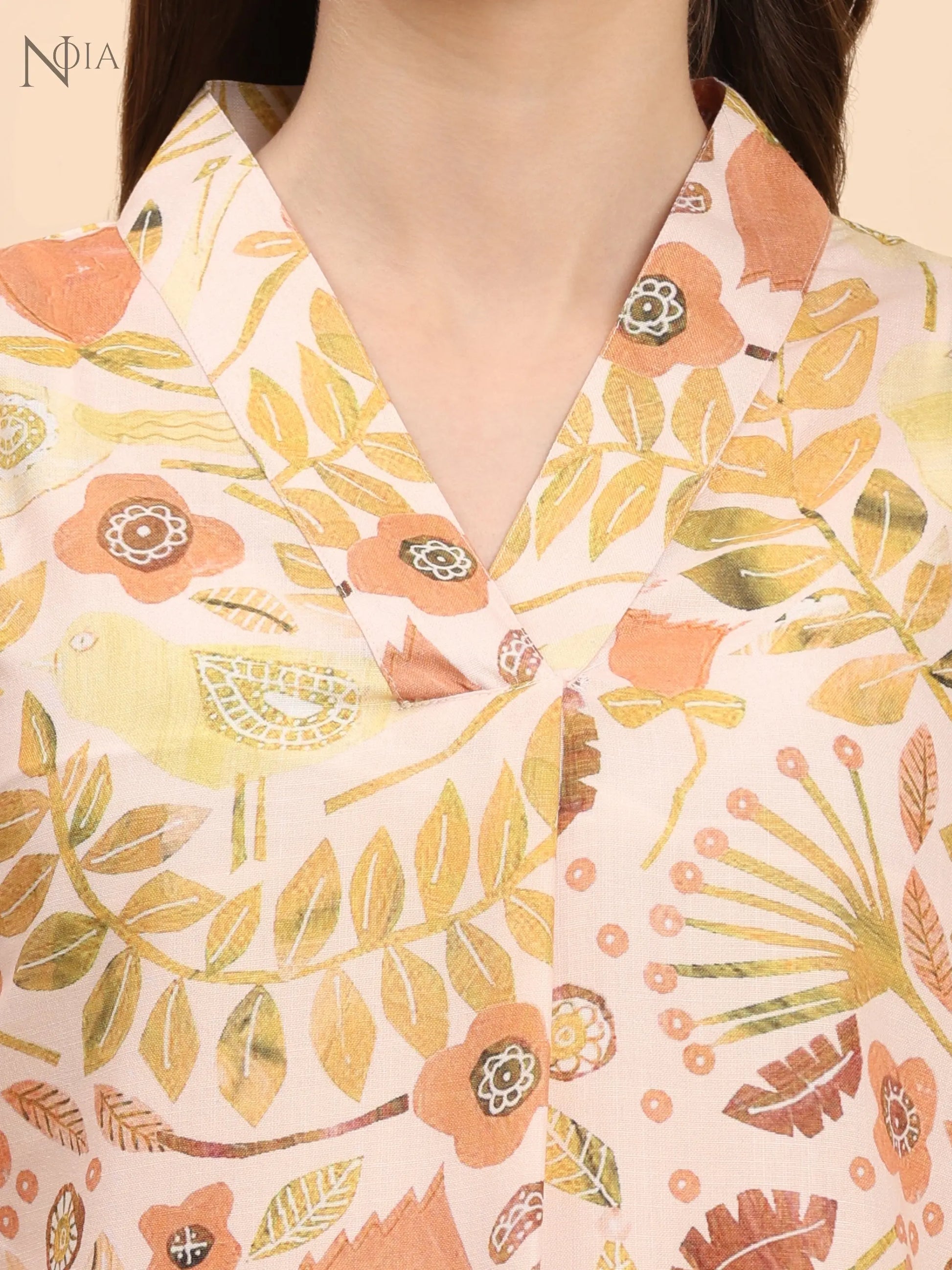 Noia Yellow Multi Abstract Floral V Necked Top with Trousers Noia