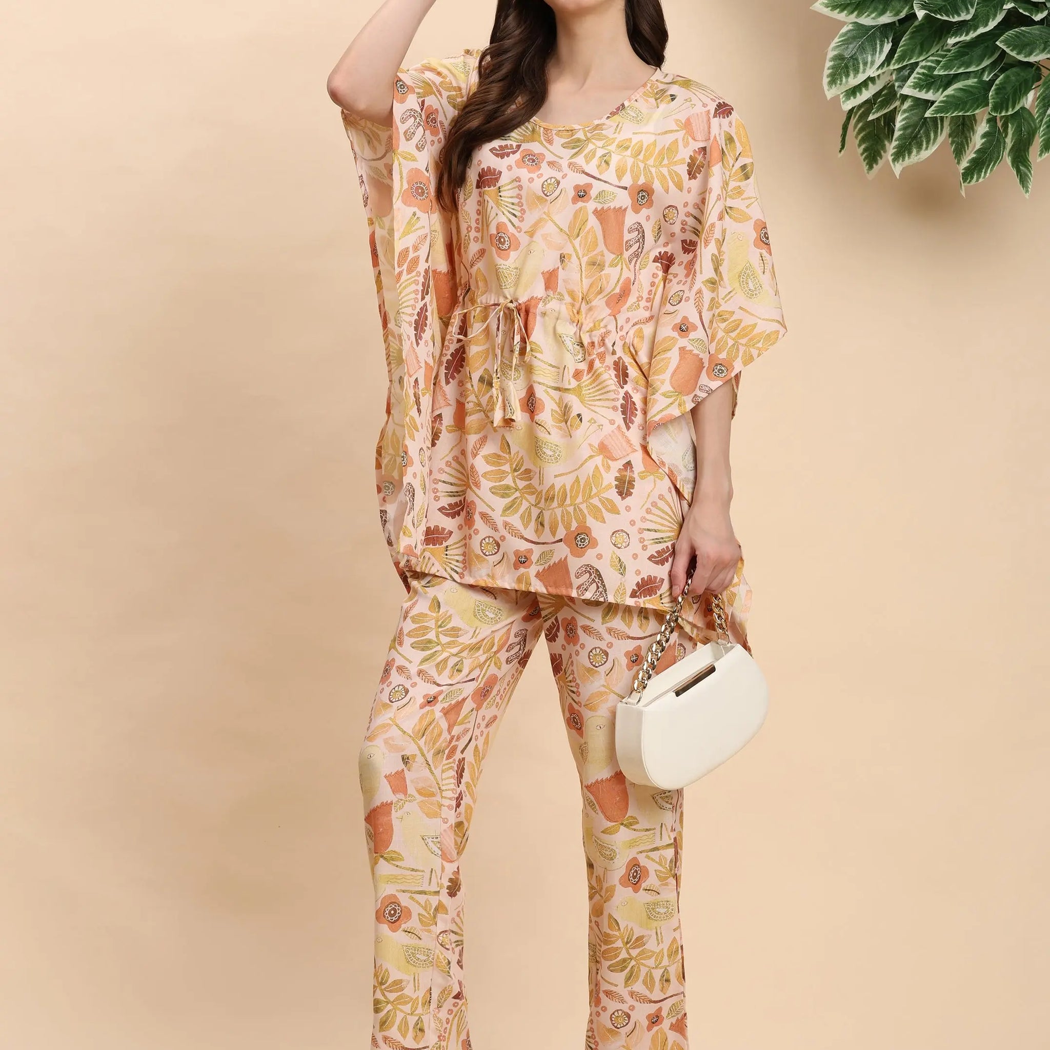 Noia Yellow & Multi Abstract Floral Kaftan Top with Trousers – Women’s Co-Ord Set Noia