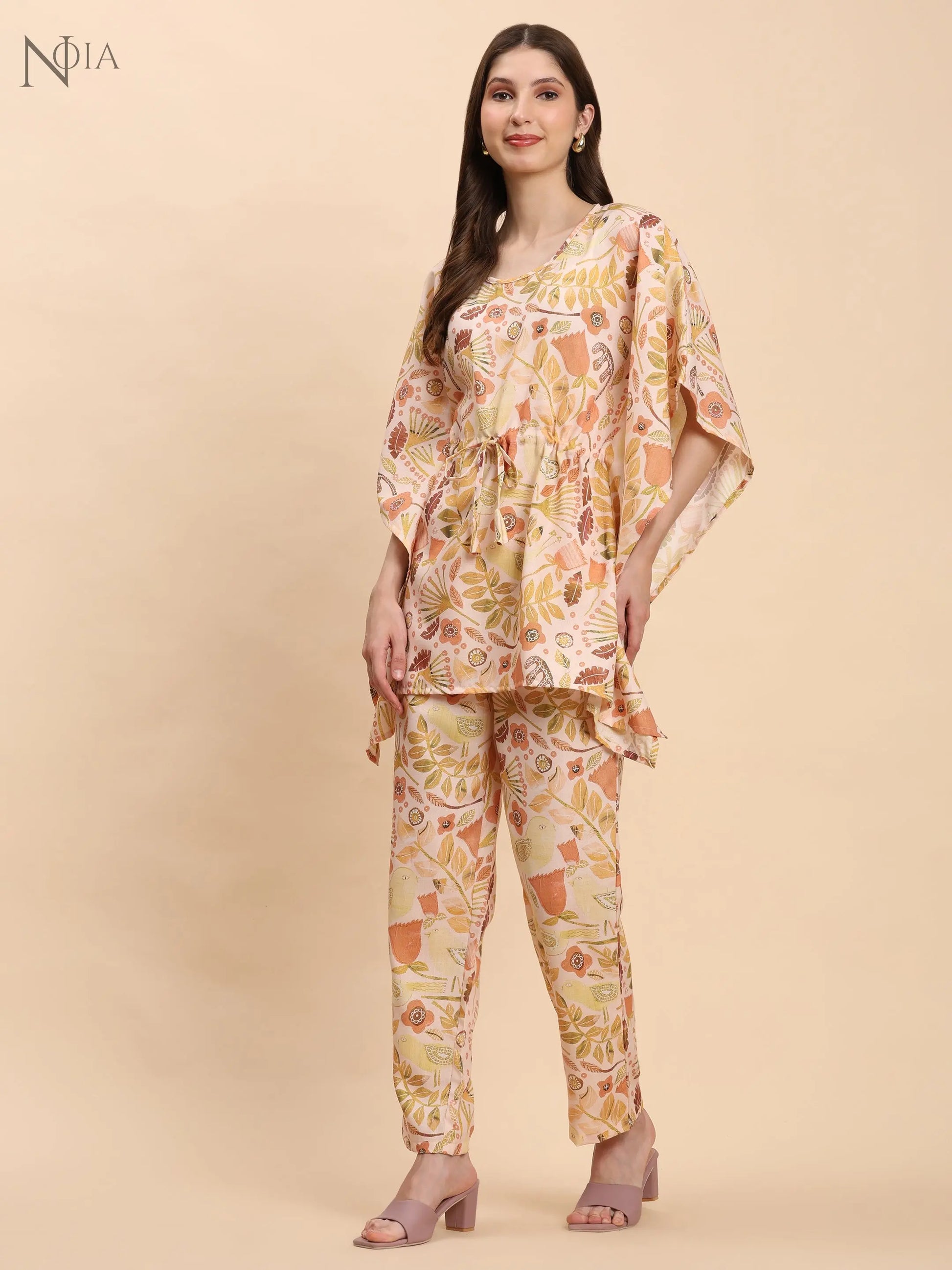 Noia Yellow & Multi Abstract Floral Kaftan Top with Trousers – Women’s Co-Ord Set Noia