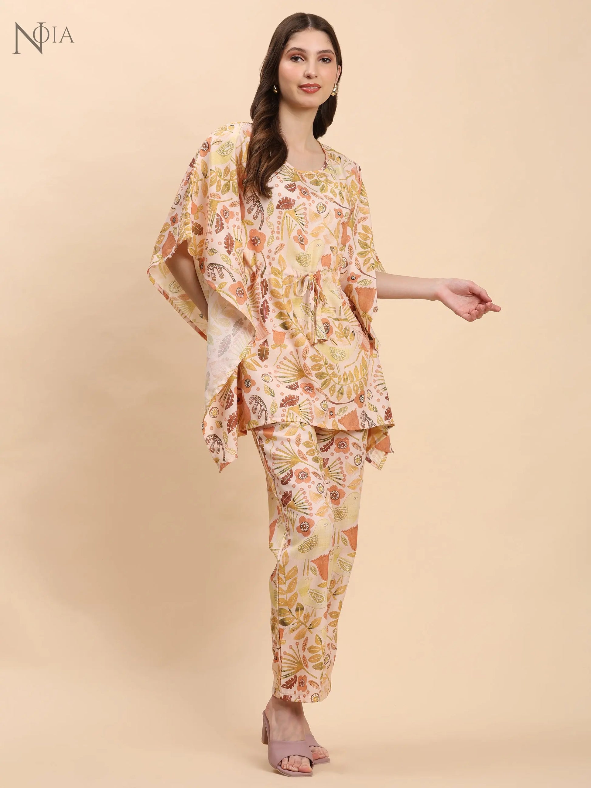 Noia Yellow & Multi Abstract Floral Kaftan Top with Trousers – Women’s Co-Ord Set Noia