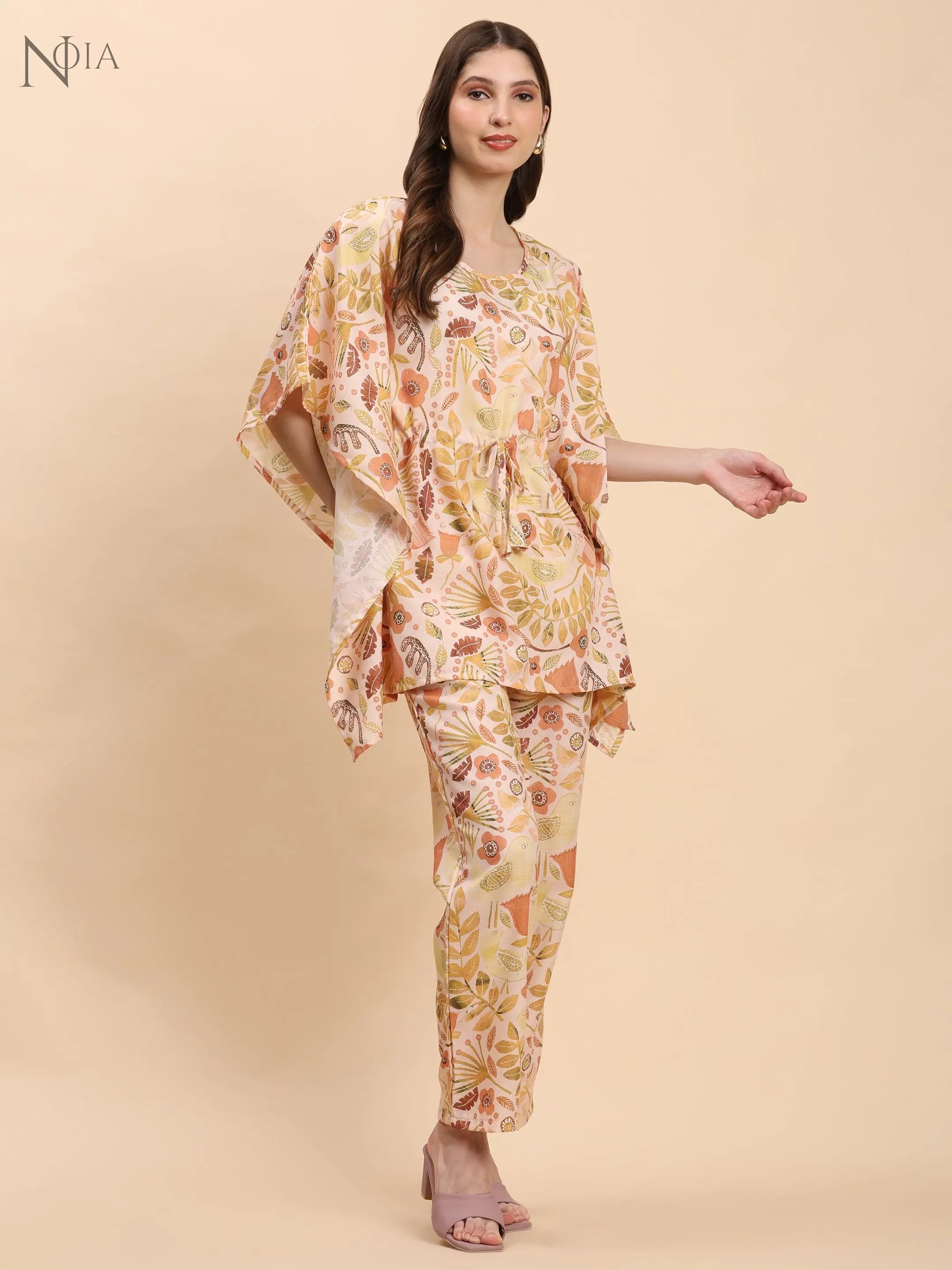 Noia Yellow & Multi Abstract Floral Kaftan Top with Trousers – Women’s Co-Ord Set Noia