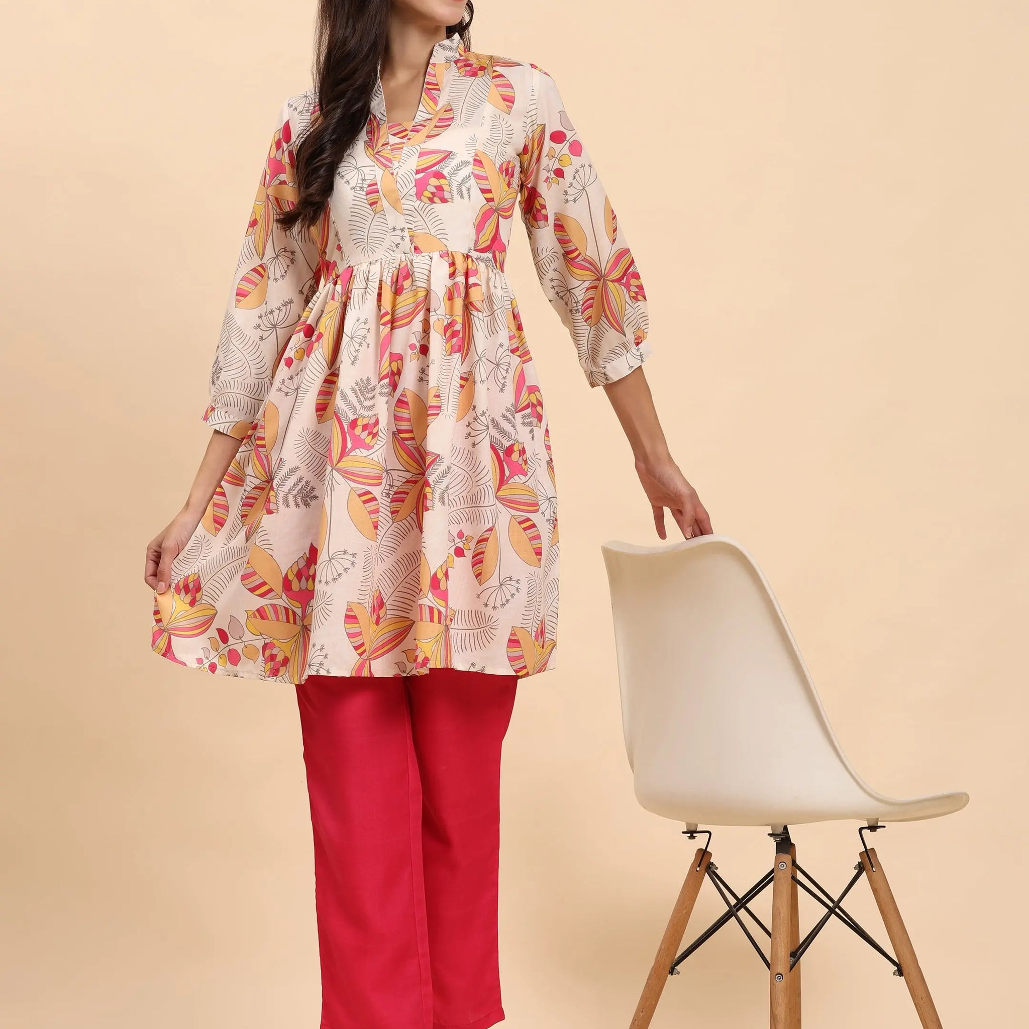 Noia Yellow & Multi Abstract Floral Long Sleeved V-Neck Top with Trousers Noia