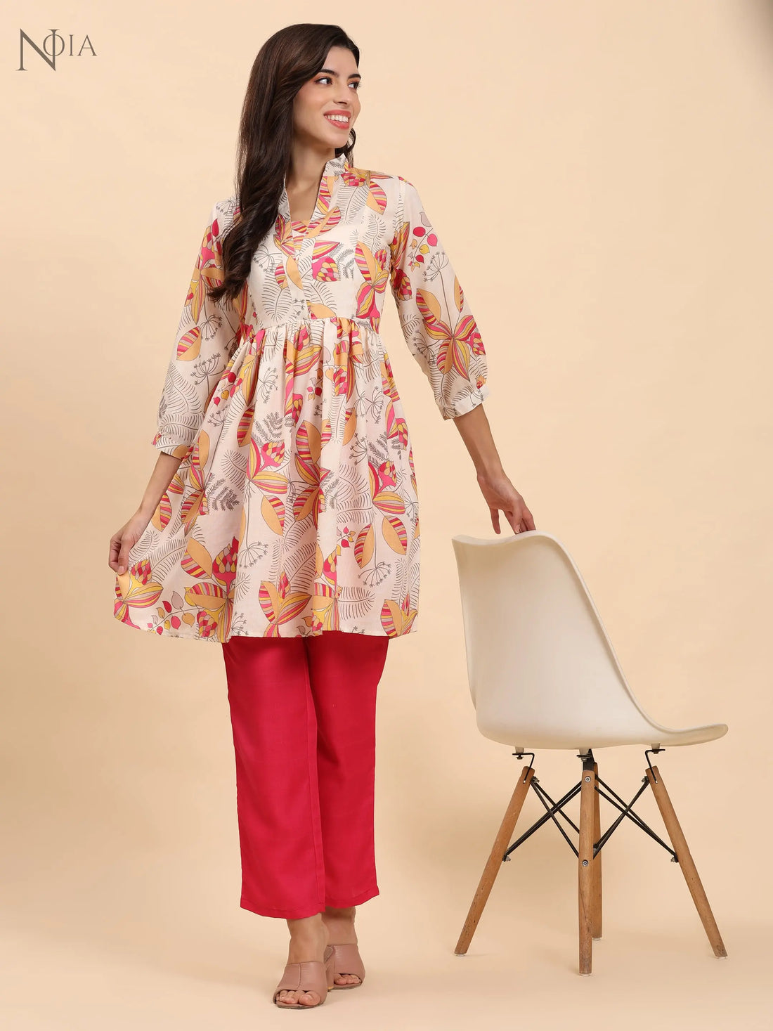 Noia Yellow & Multi Abstract Floral Long Sleeved V-Neck Top with Trousers Noia