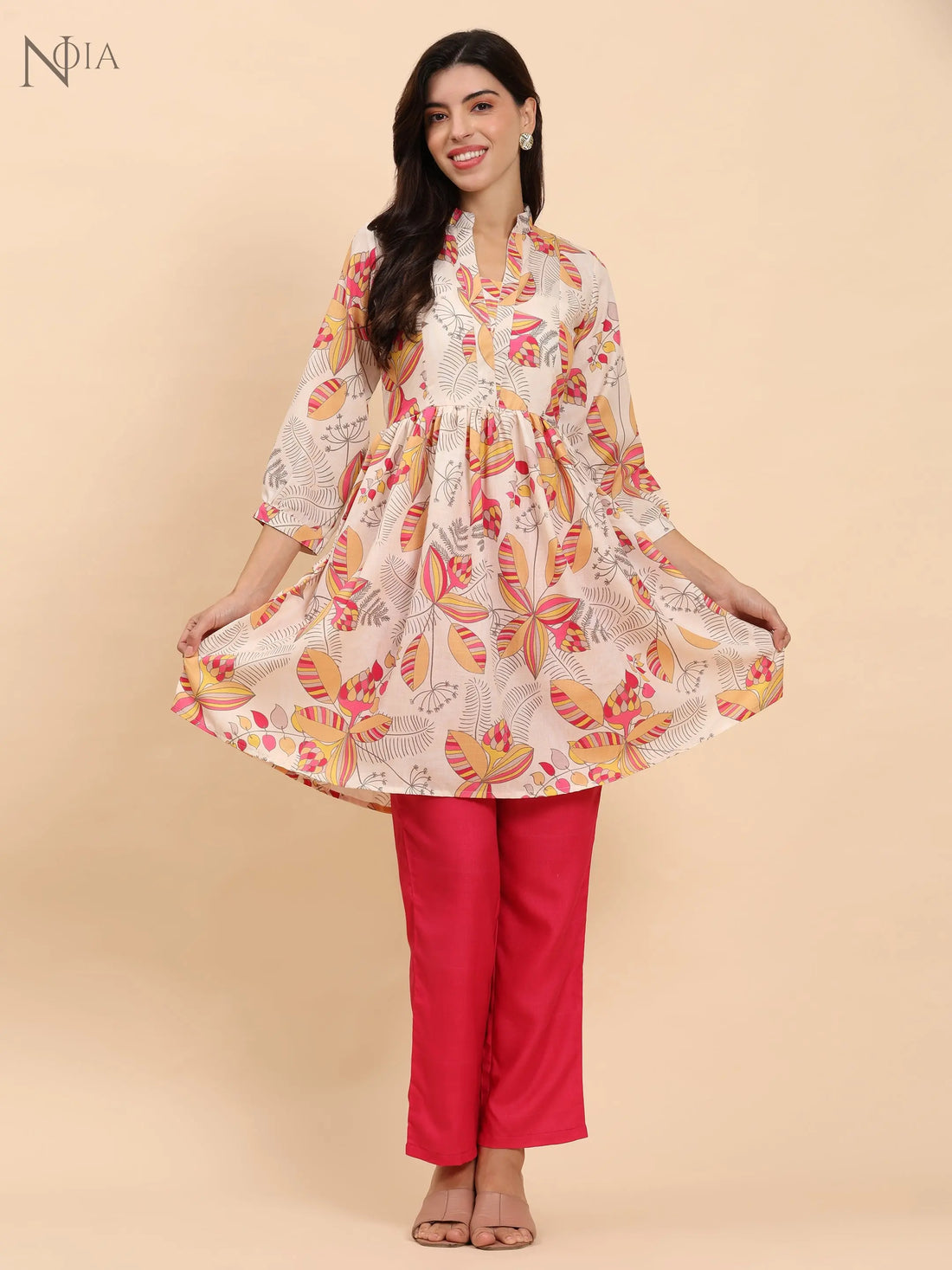Noia Yellow & Multi Abstract Floral Long Sleeved V-Neck Top with Trousers Noia