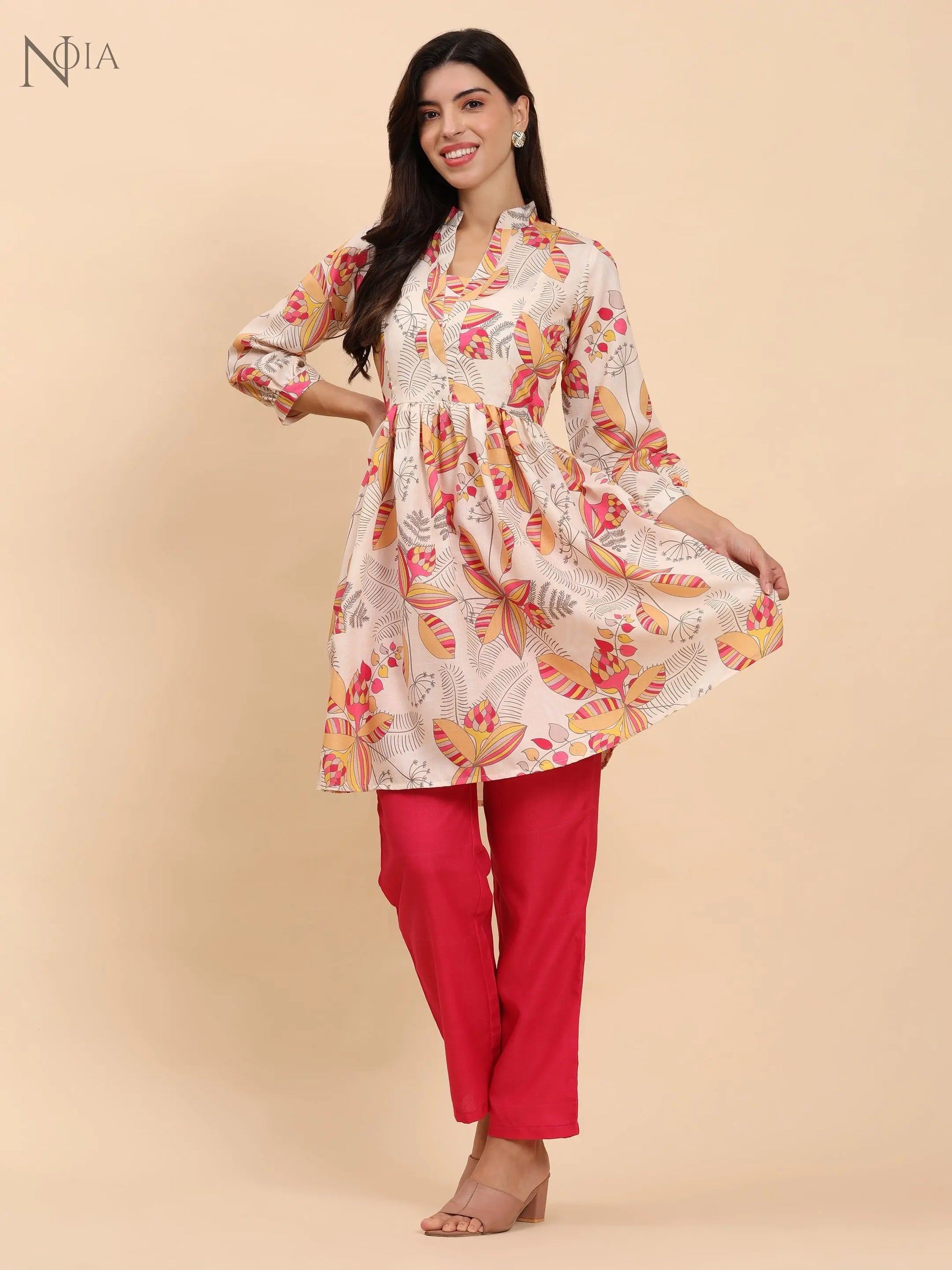 Noia Yellow & Multi Abstract Floral Long Sleeved V-Neck Top with Trousers Noia