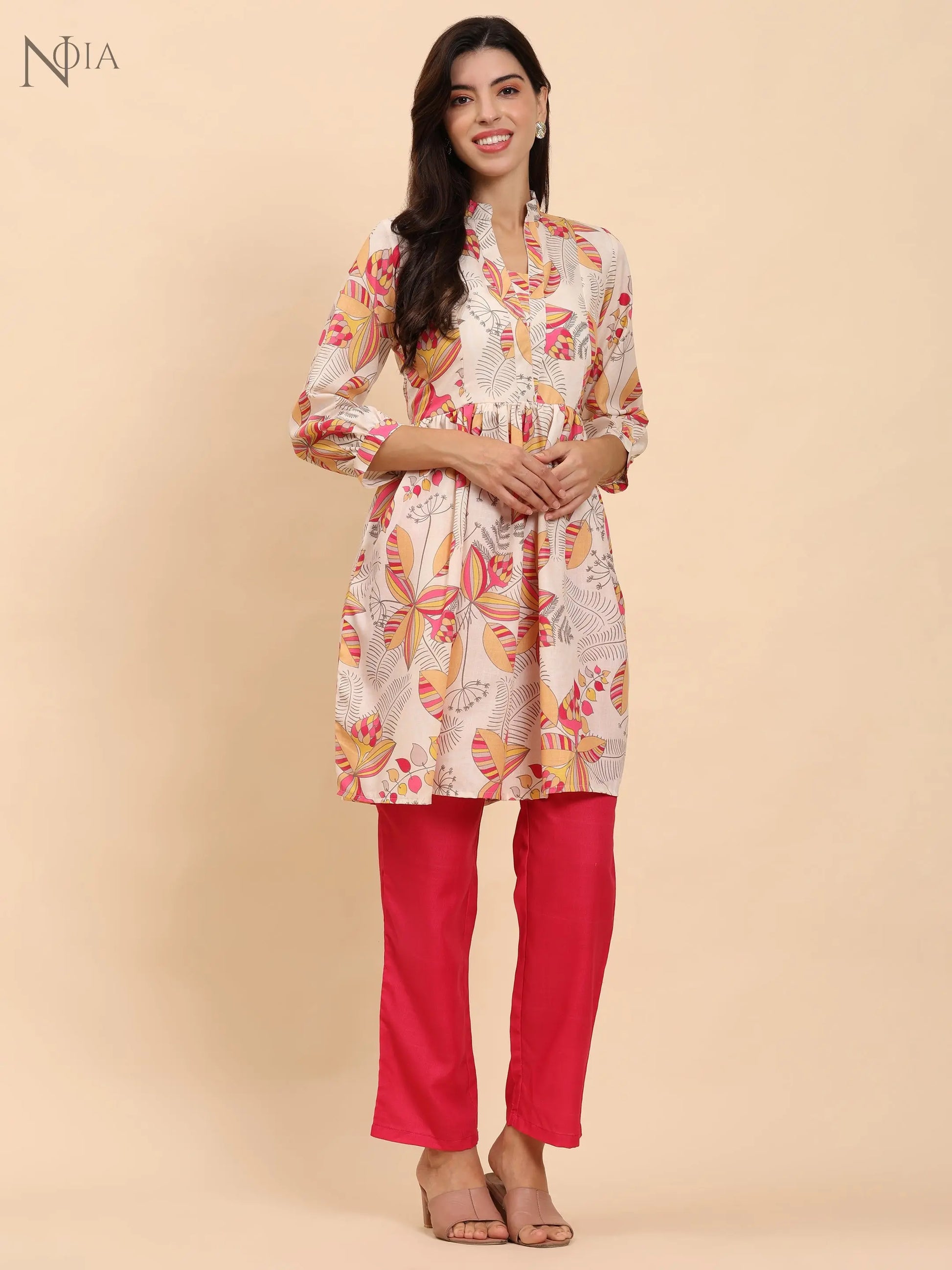 Noia Yellow & Multi Abstract Floral Long Sleeved V-Neck Top with Trousers Noia