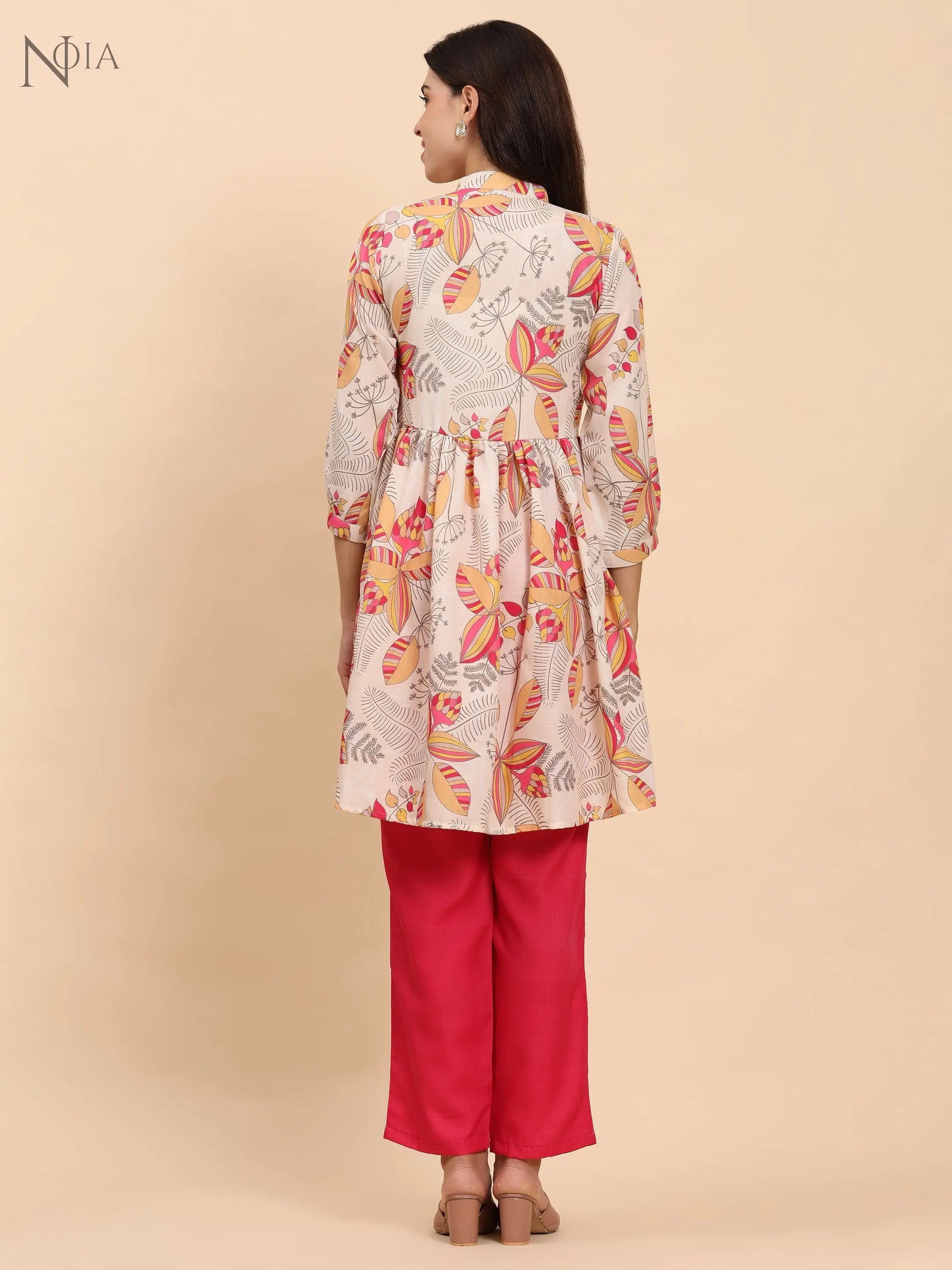 Noia Yellow & Multi Abstract Floral Long Sleeved V-Neck Top with Trousers Noia