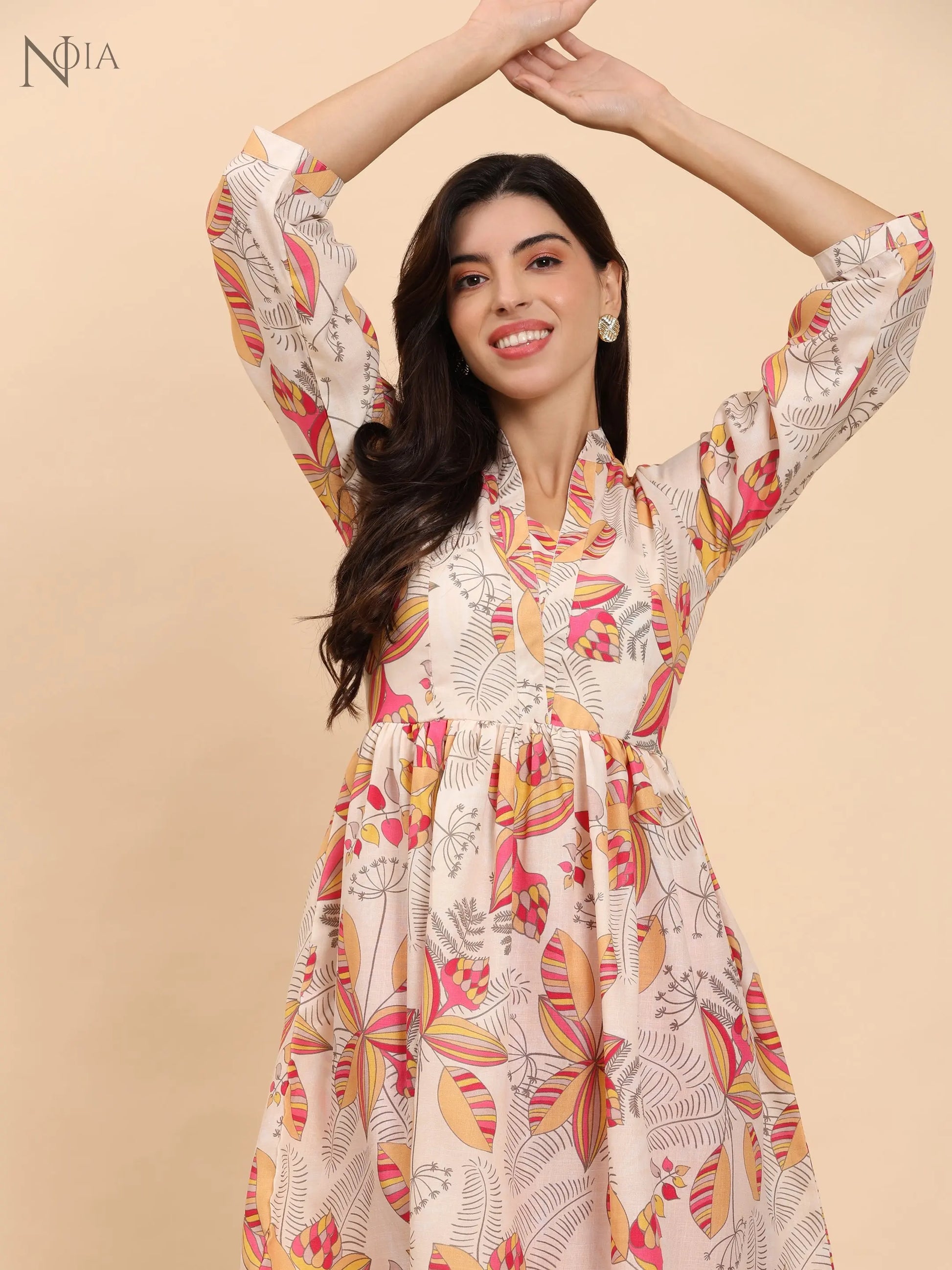 Noia Yellow & Multi Abstract Floral Long Sleeved V-Neck Top with Trousers Noia