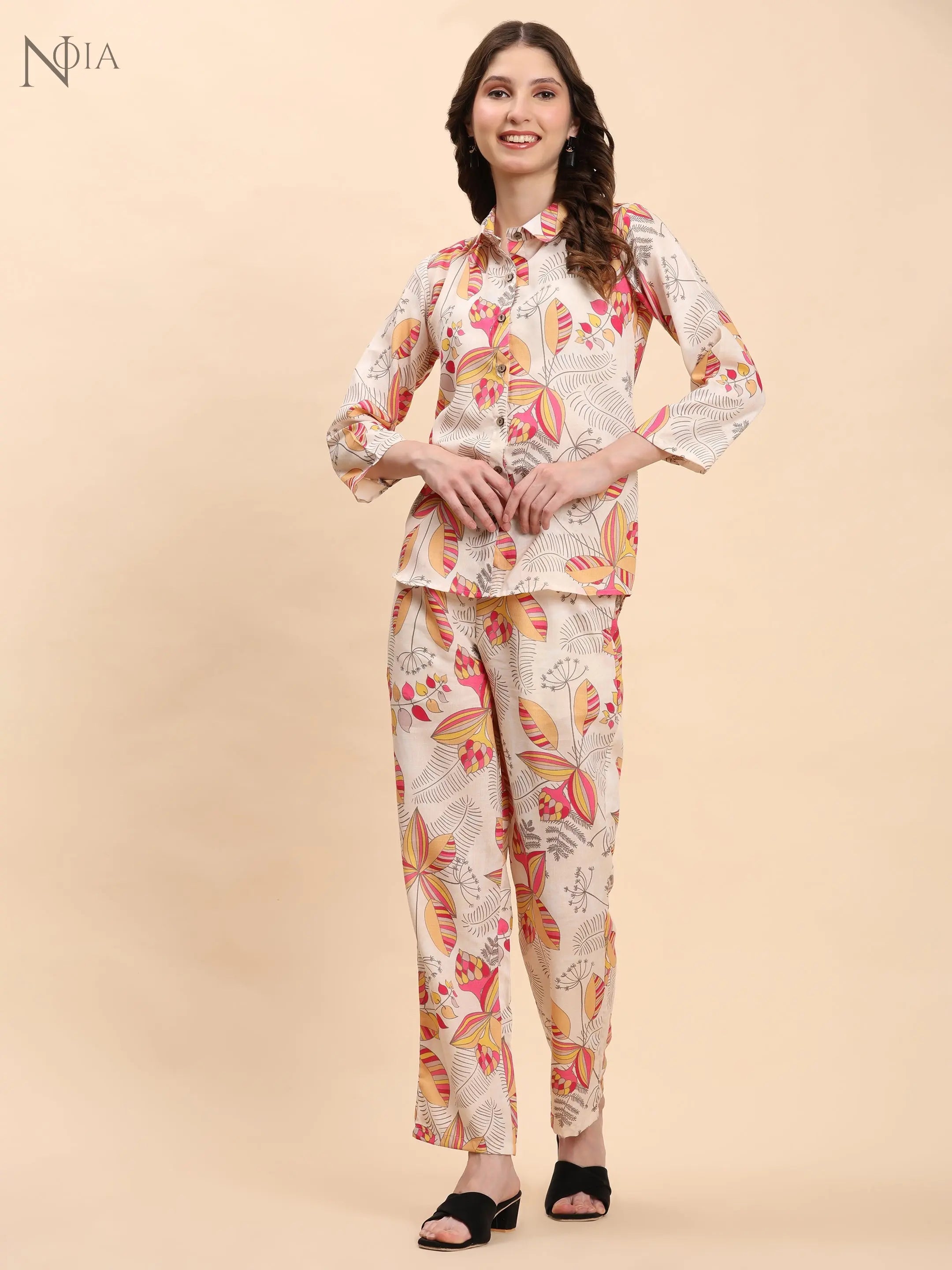 Noia Yellow & Multi Abstract Floral Shirt with Trousers Noia