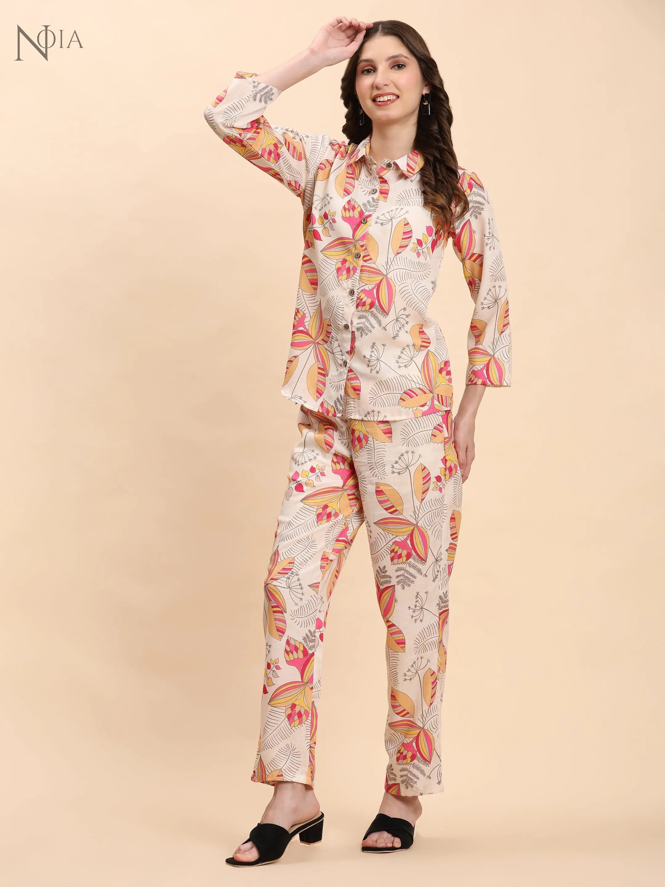 Noia Yellow & Multi Abstract Floral Shirt with Trousers Noia