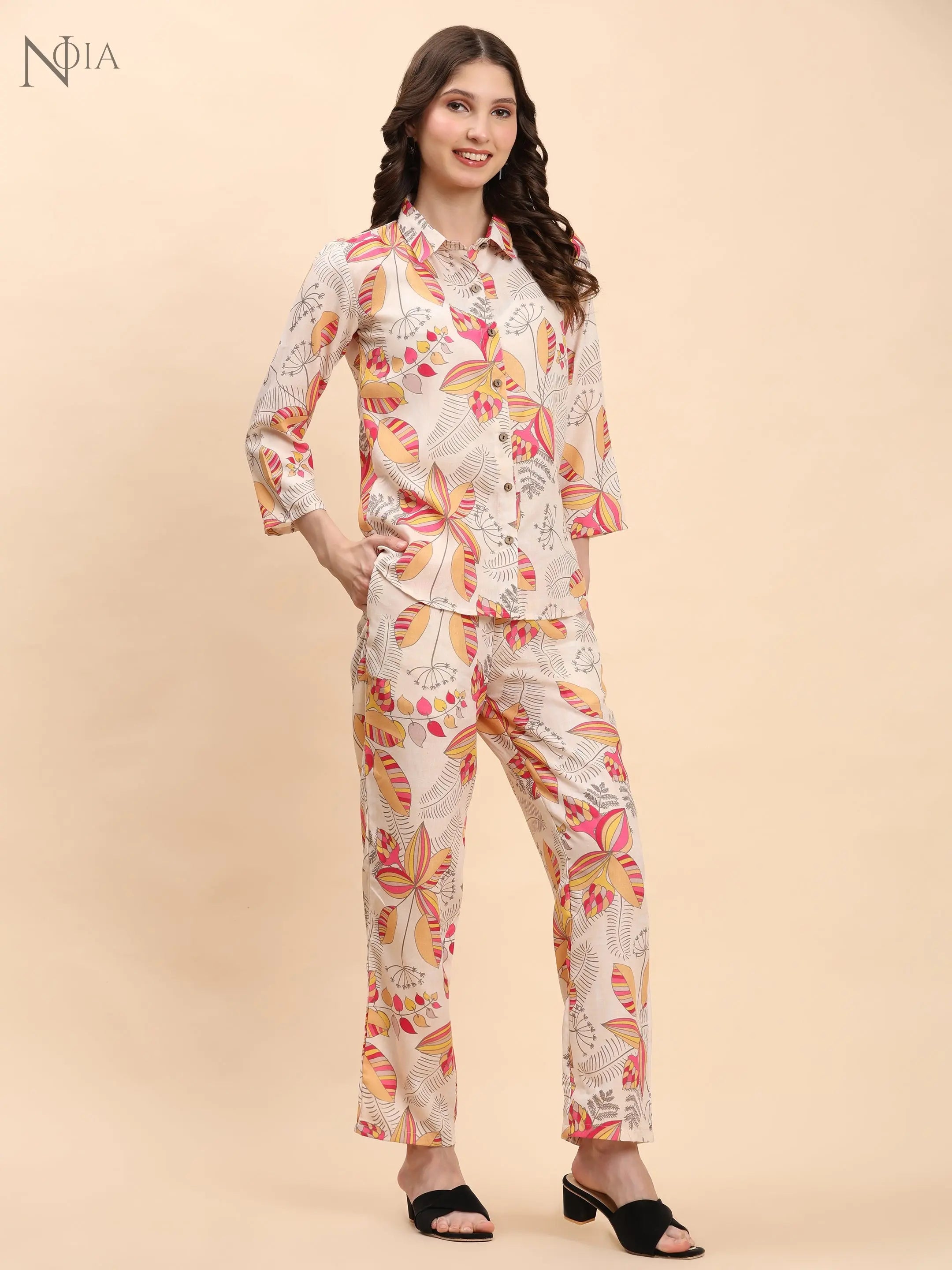 Noia Yellow & Multi Abstract Floral Shirt with Trousers Noia