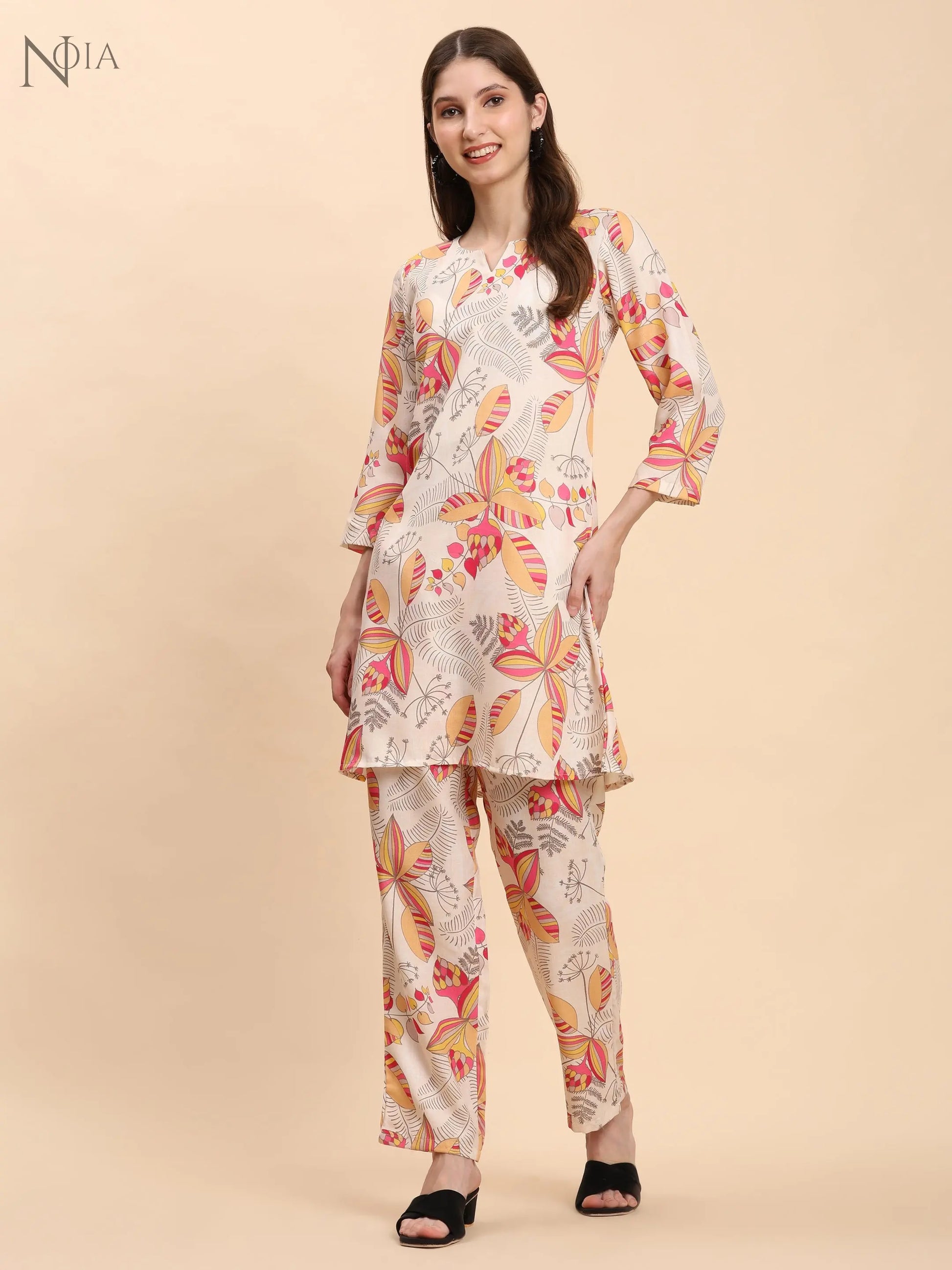 Noia Yellow & Multi Abstract Print Top with Trousers – Women’s Co-Ord Set Noia
