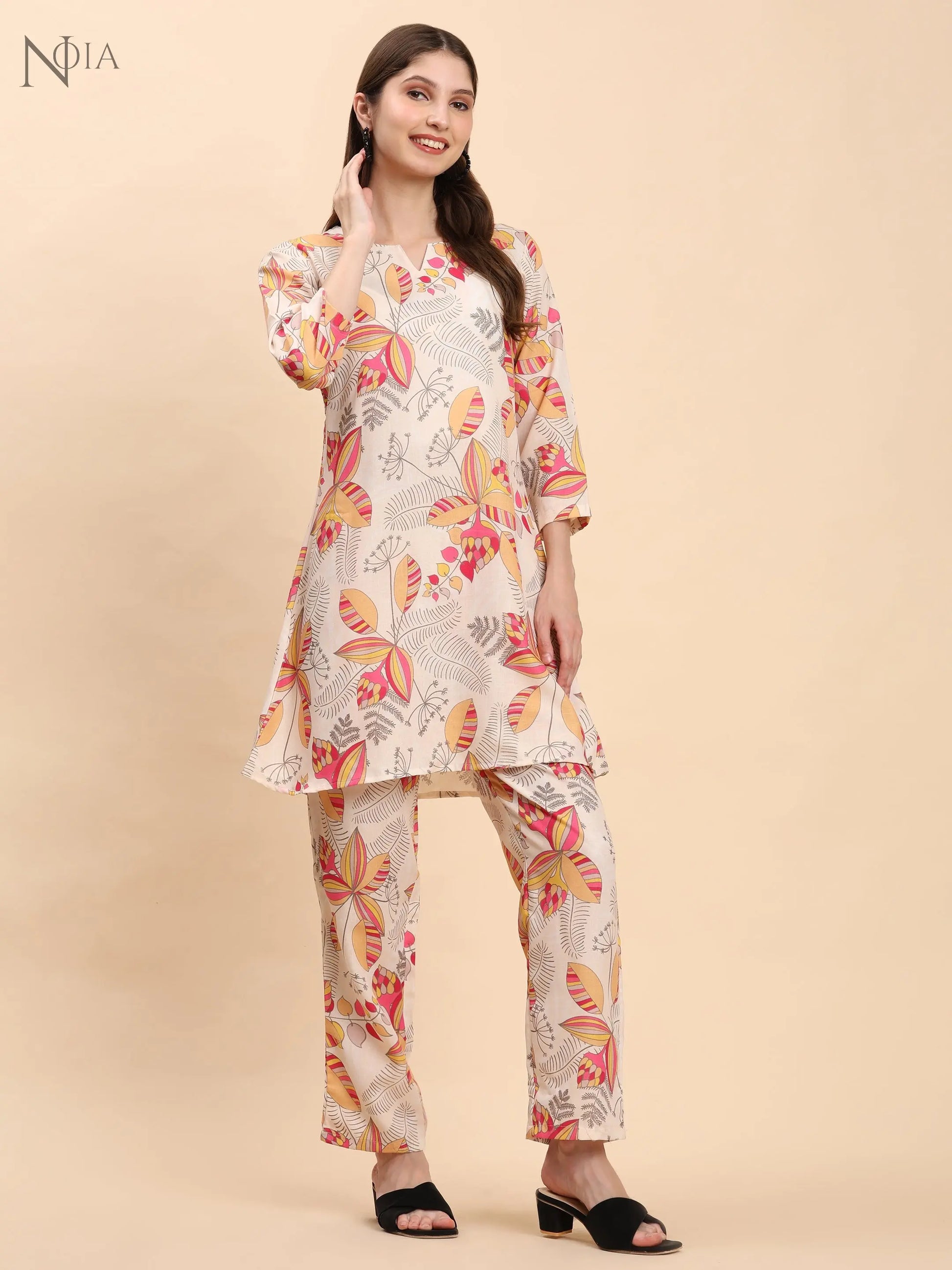 Noia Yellow & Multi Abstract Print Top with Trousers – Women’s Co-Ord Set Noia
