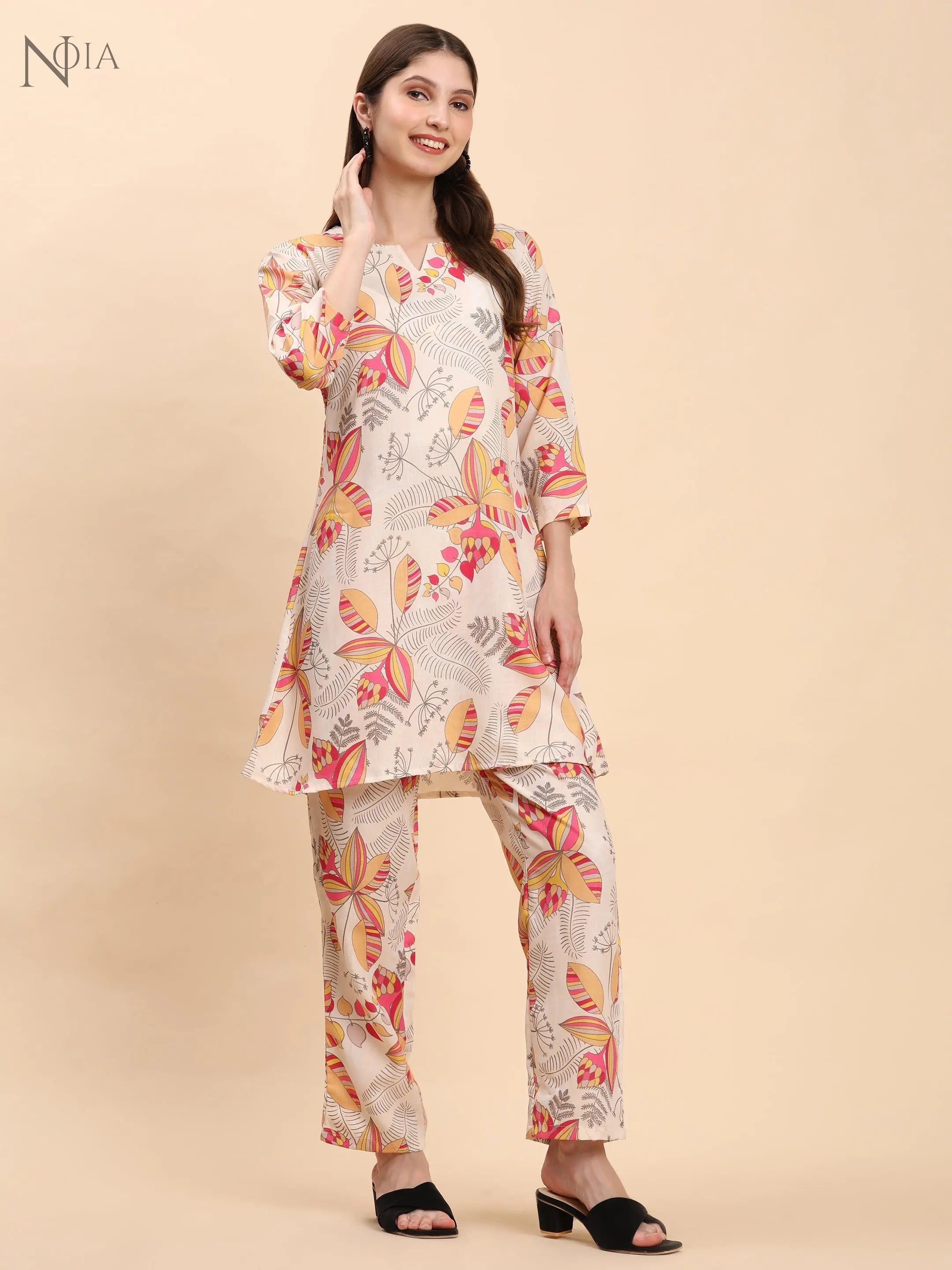 Noia Yellow & Multi Abstract Print Top with Trousers – Women’s Co-Ord Set Noia