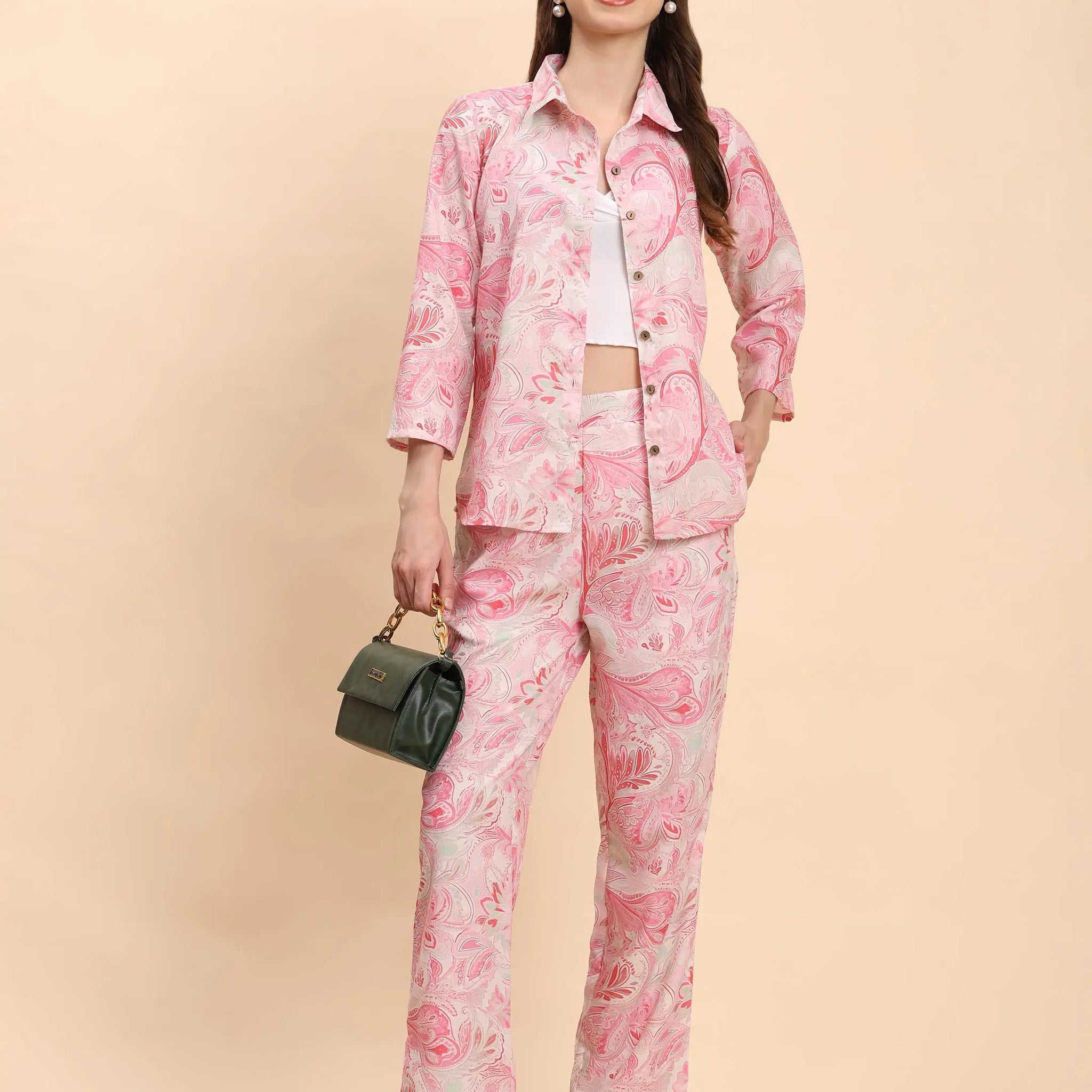 Pink & White Paisley Co-Ord Set – Shirt & Trousers for Women | Noia Noia