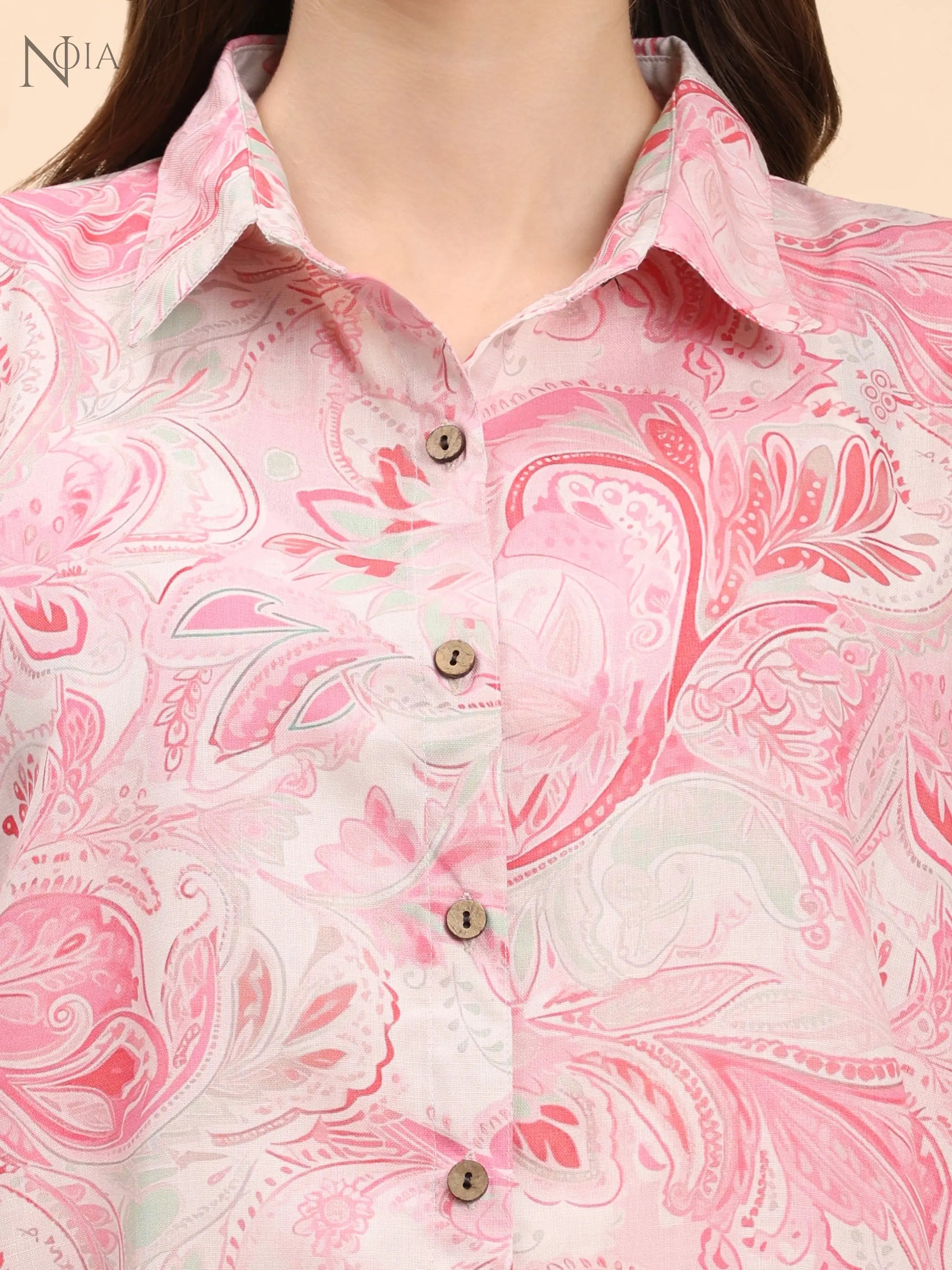 Pink & White Paisley Co-Ord Set – Shirt & Trousers for Women | Noia Noia