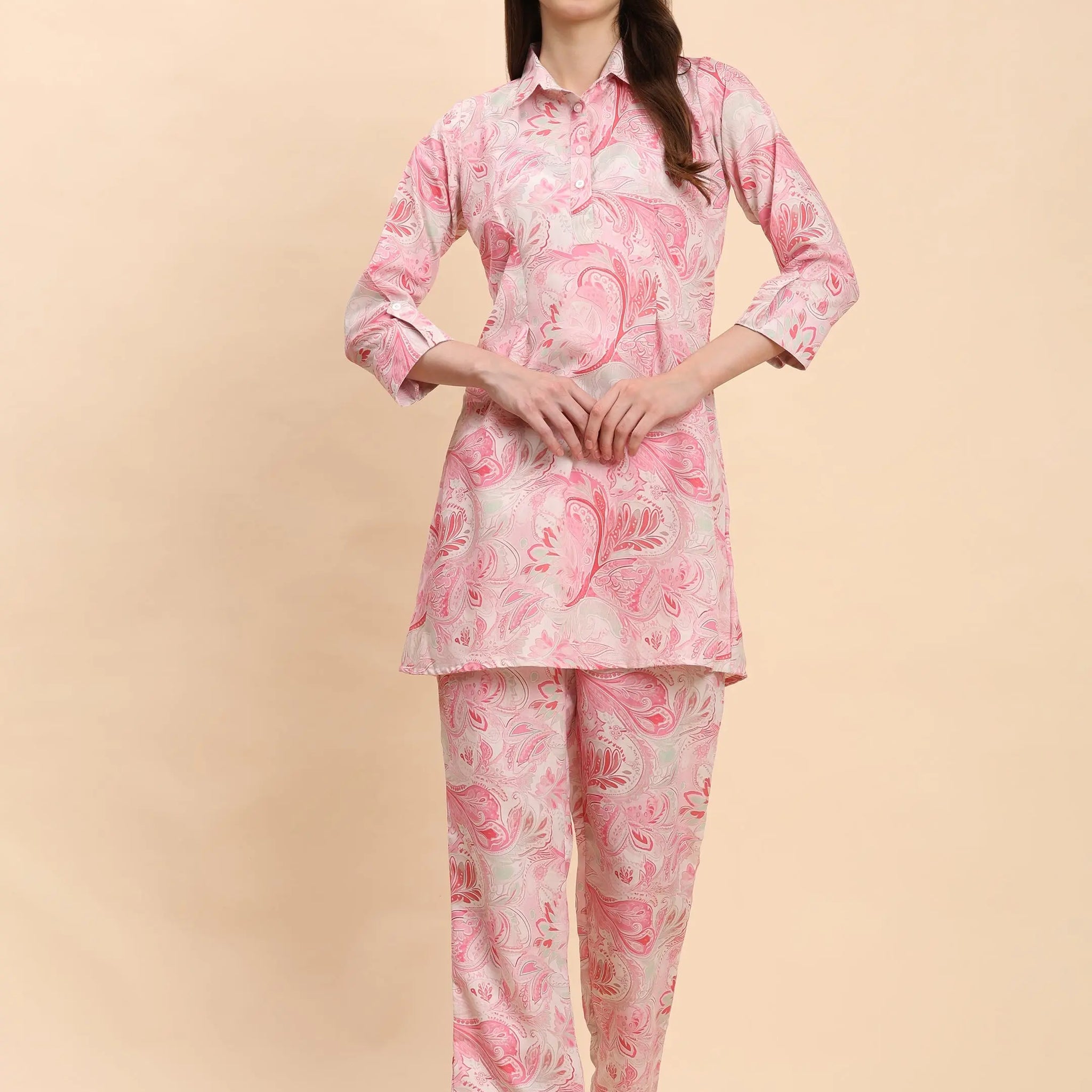 Pink & White Paisley Shirt Co-Ord Set for Women | Cotton Blend – Noia Noia