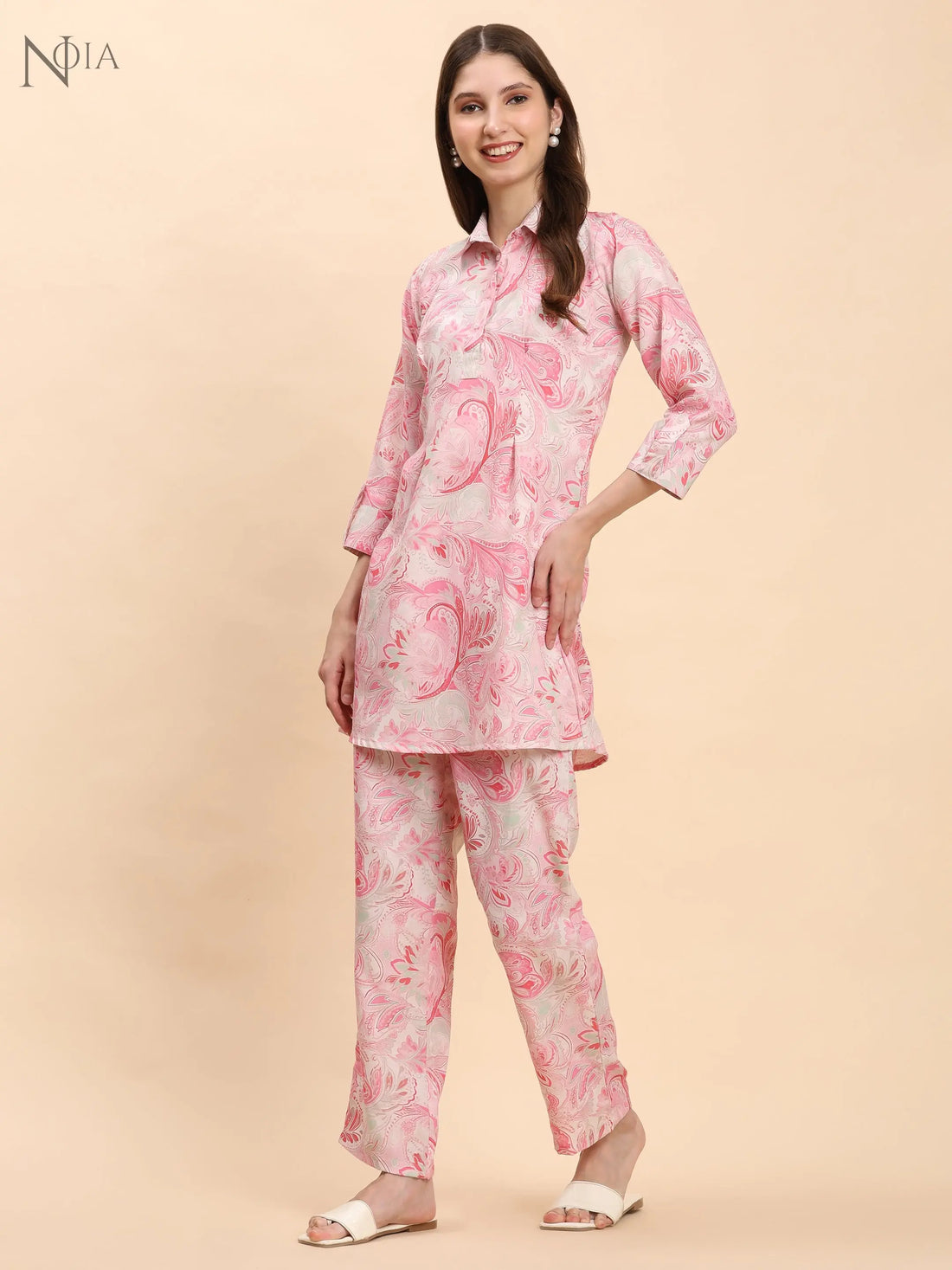 Pink & White Paisley Shirt Co-Ord Set for Women | Cotton Blend – Noia Noia