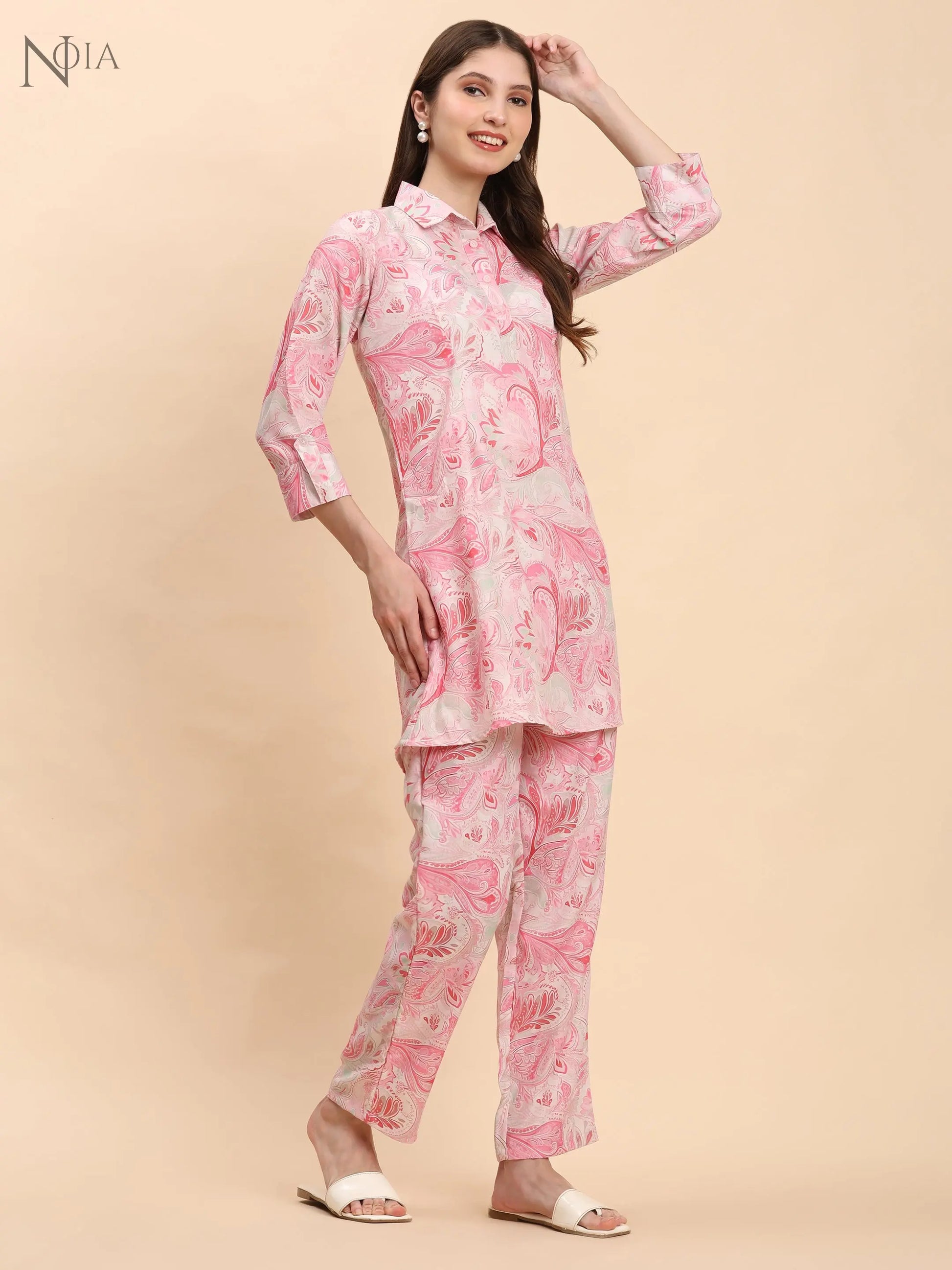 Pink & White Paisley Shirt Co-Ord Set for Women | Cotton Blend – Noia Noia