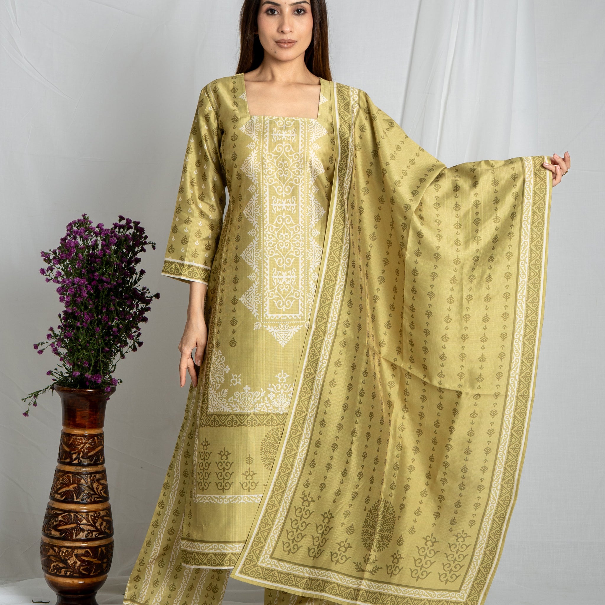 Auraya Olive Green Square Neckline – Premium Kurta Set Noia