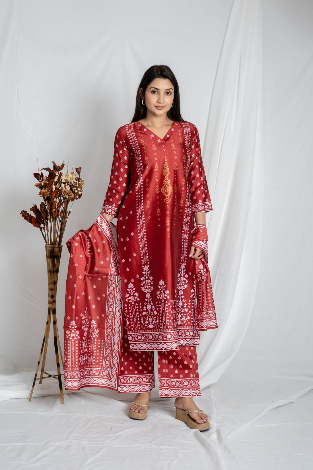 Red with white V-Neckline Premium Fabric Auraya Women's Regular Kurta Set Noia
