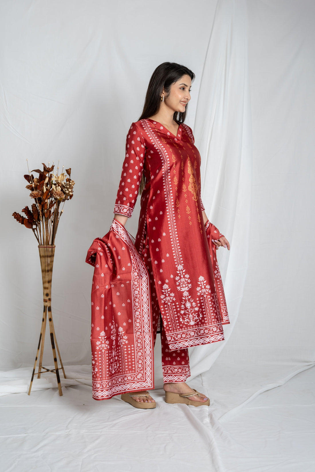 Red with white V-Neckline Premium Fabric Auraya Women's Regular Kurta Set Noia