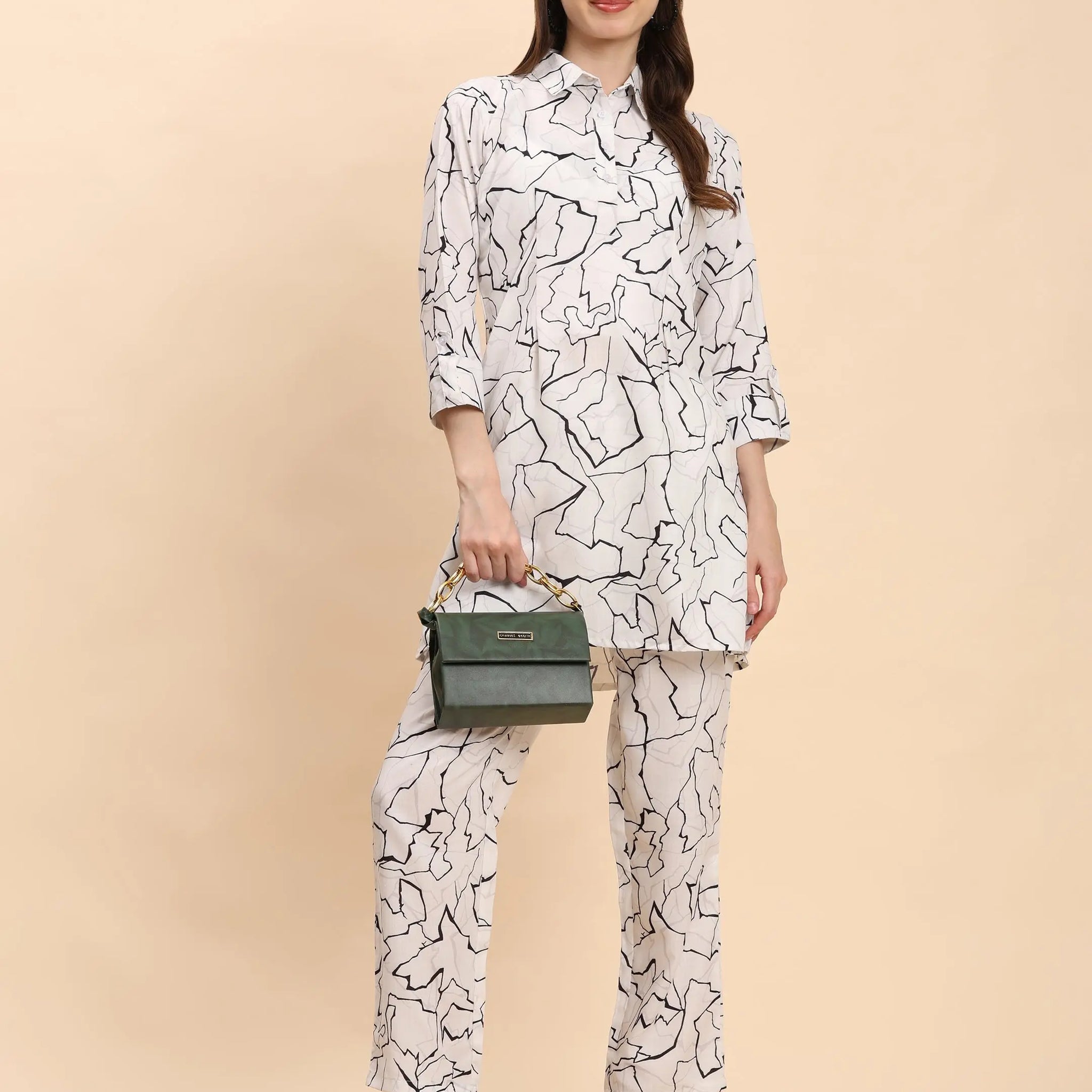 White & Black Abstract Shirt Co-Ord Set – Cotton Blend for Women Noia