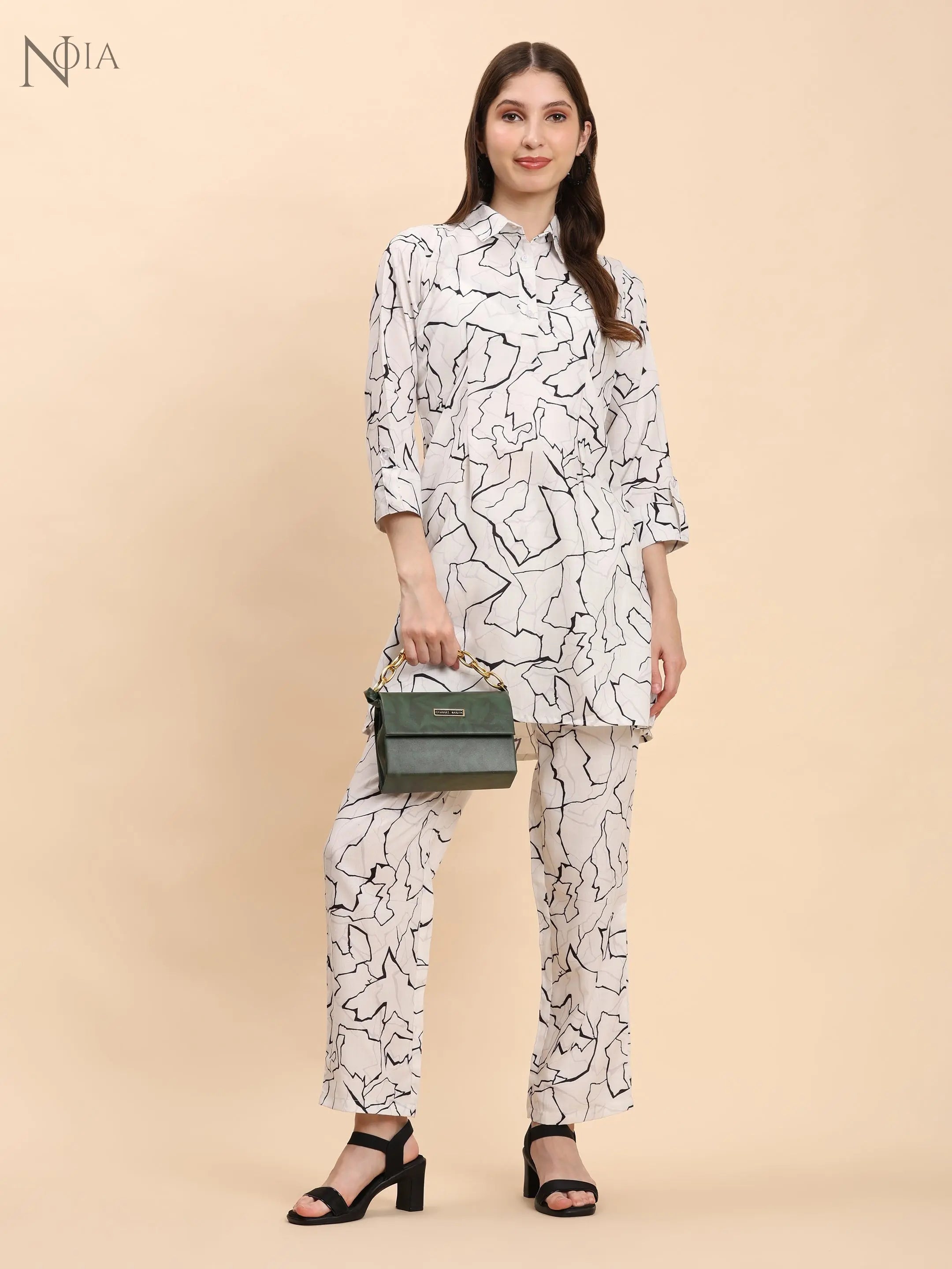 White & Black Abstract Shirt Co-Ord Set – Cotton Blend for Women Noia