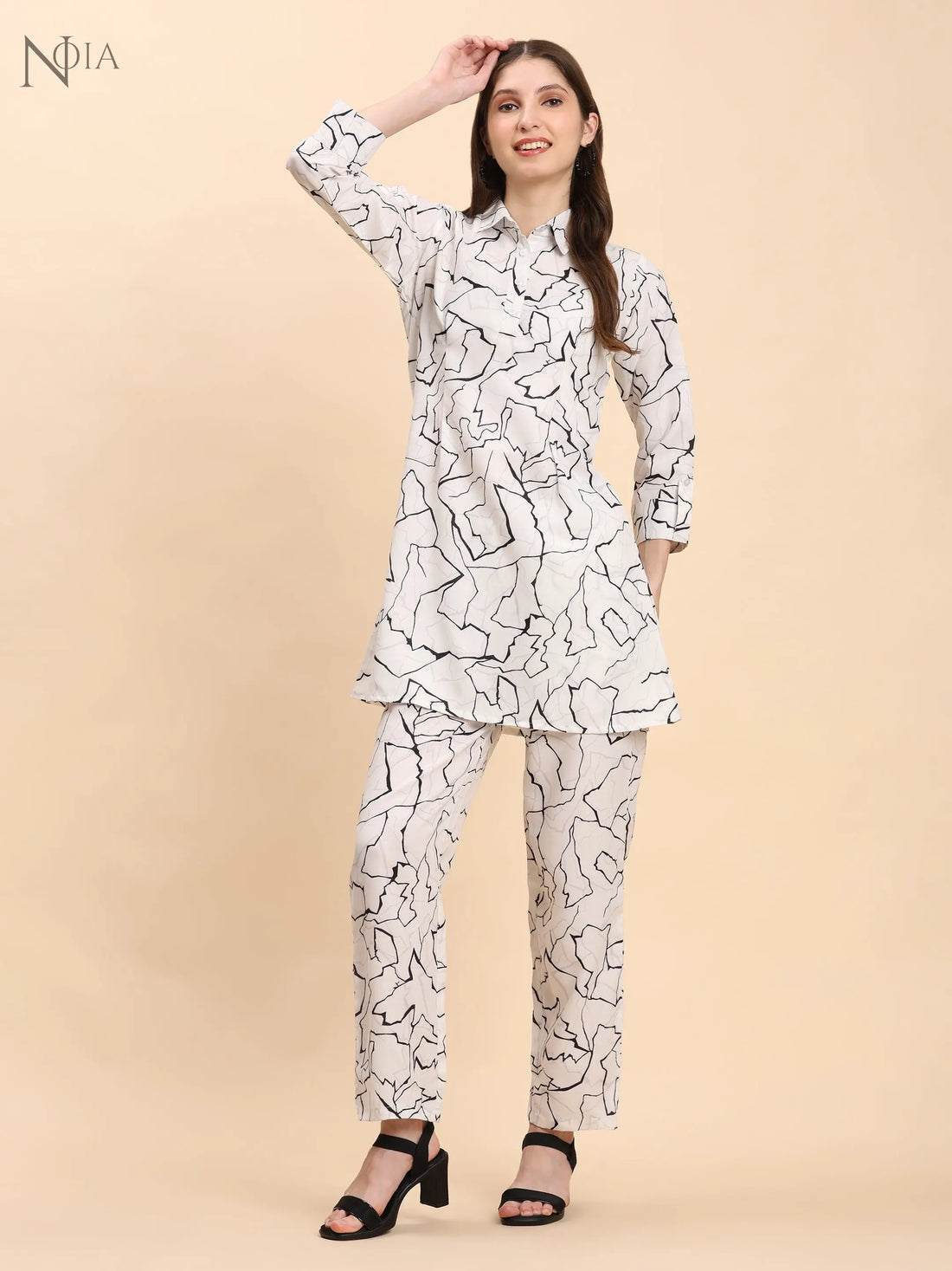 White & Black Abstract Shirt Co-Ord Set – Cotton Blend for Women Noia