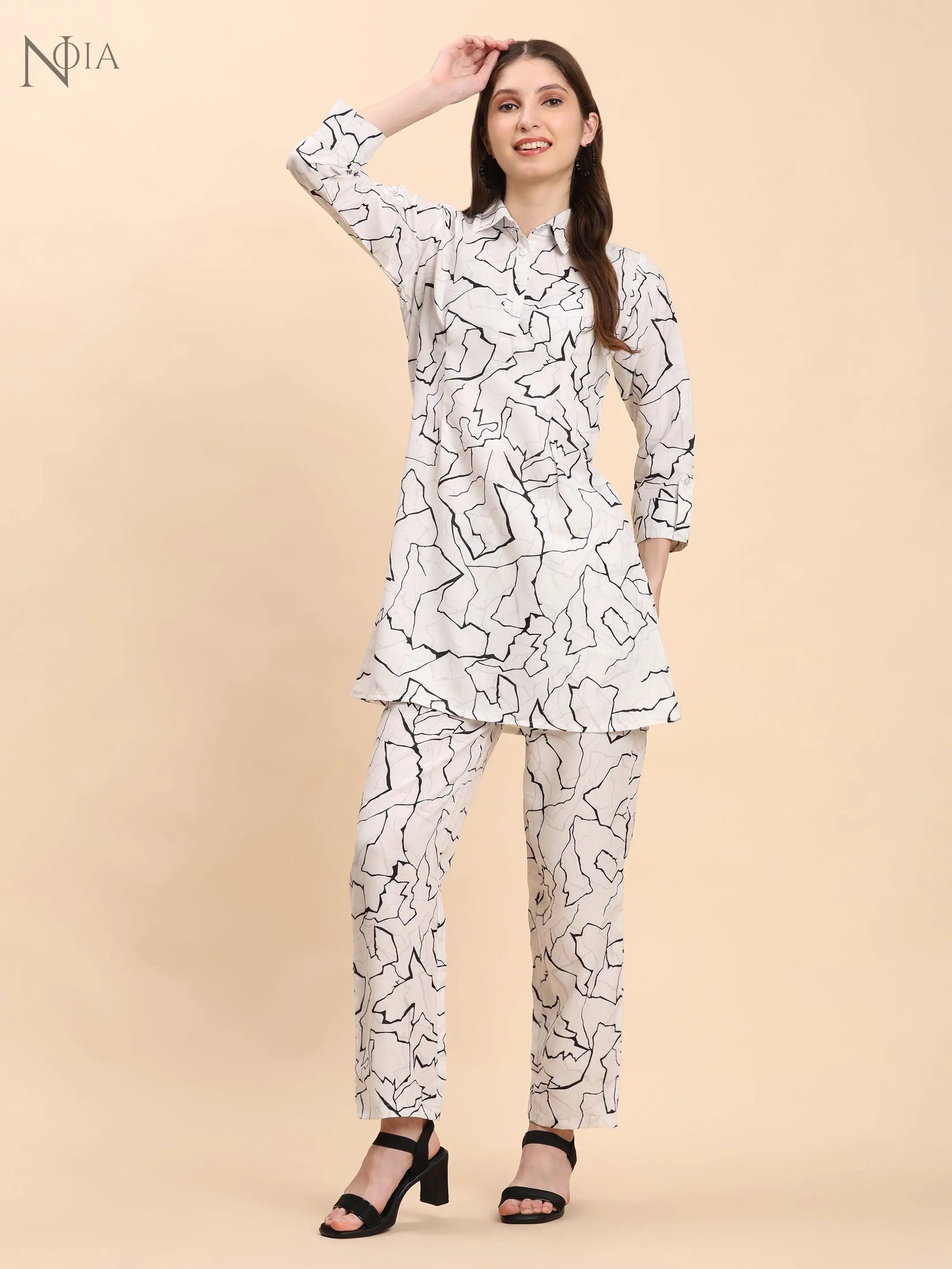 White & Black Abstract Shirt Co-Ord Set – Cotton Blend for Women Noia