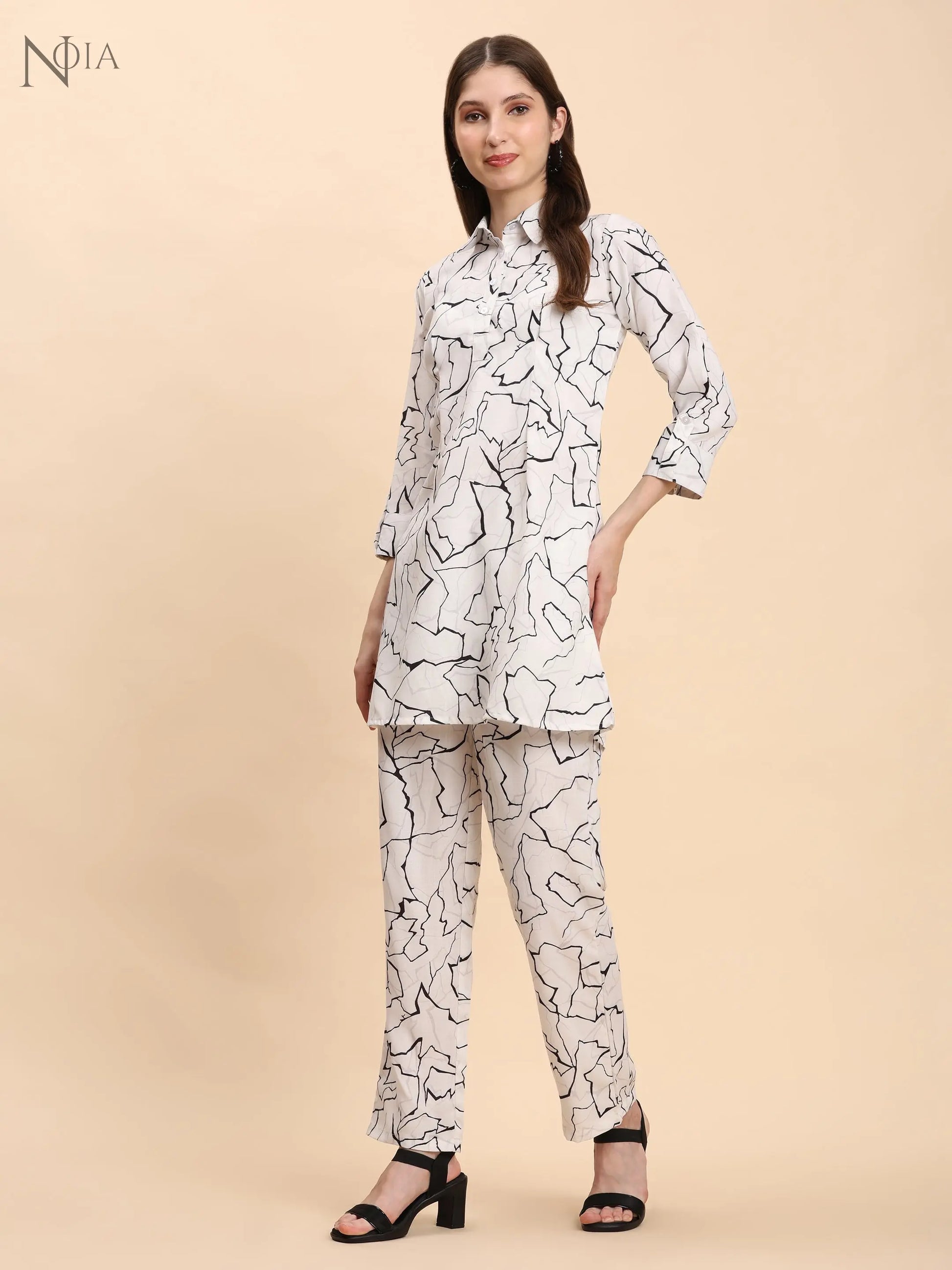 White & Black Abstract Shirt Co-Ord Set – Cotton Blend for Women Noia