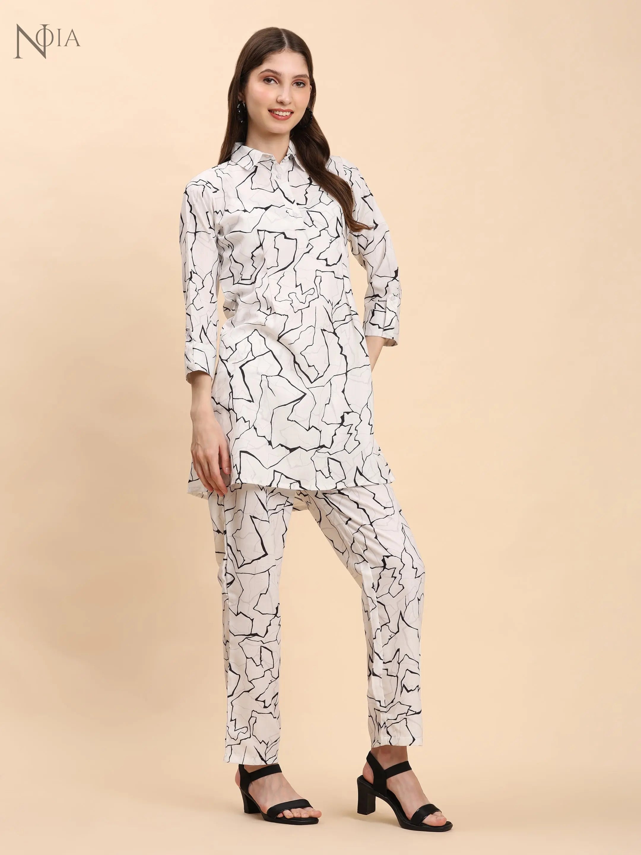White & Black Abstract Shirt Co-Ord Set – Cotton Blend for Women Noia