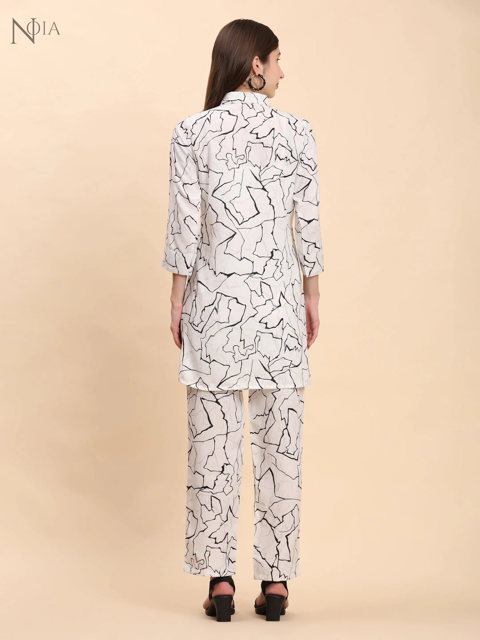 White & Black Abstract Shirt Co-Ord Set – Cotton Blend for Women Noia