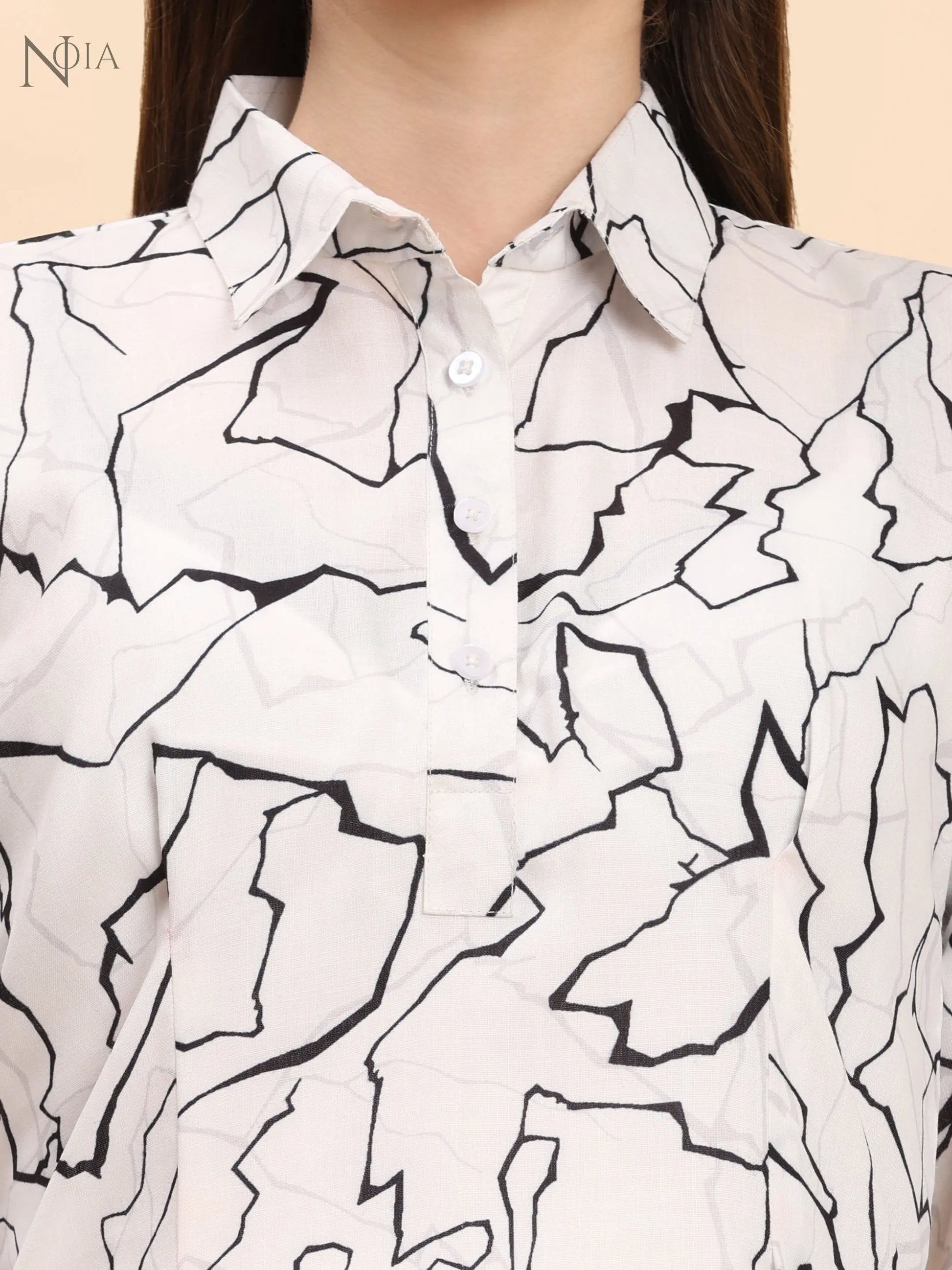 White & Black Abstract Shirt Co-Ord Set – Cotton Blend for Women Noia