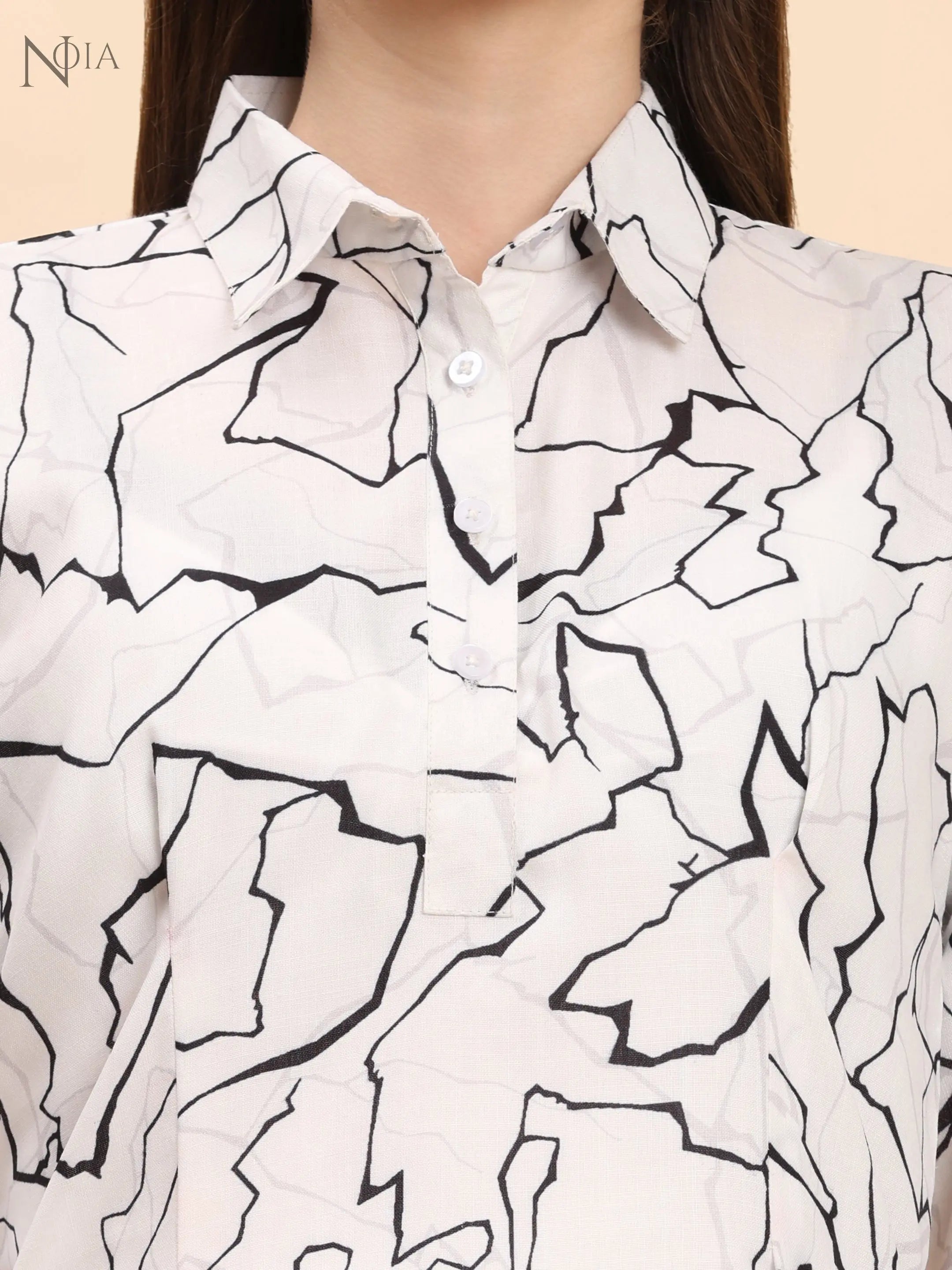 White & Black Abstract Shirt Co-Ord Set – Cotton Blend for Women Noia