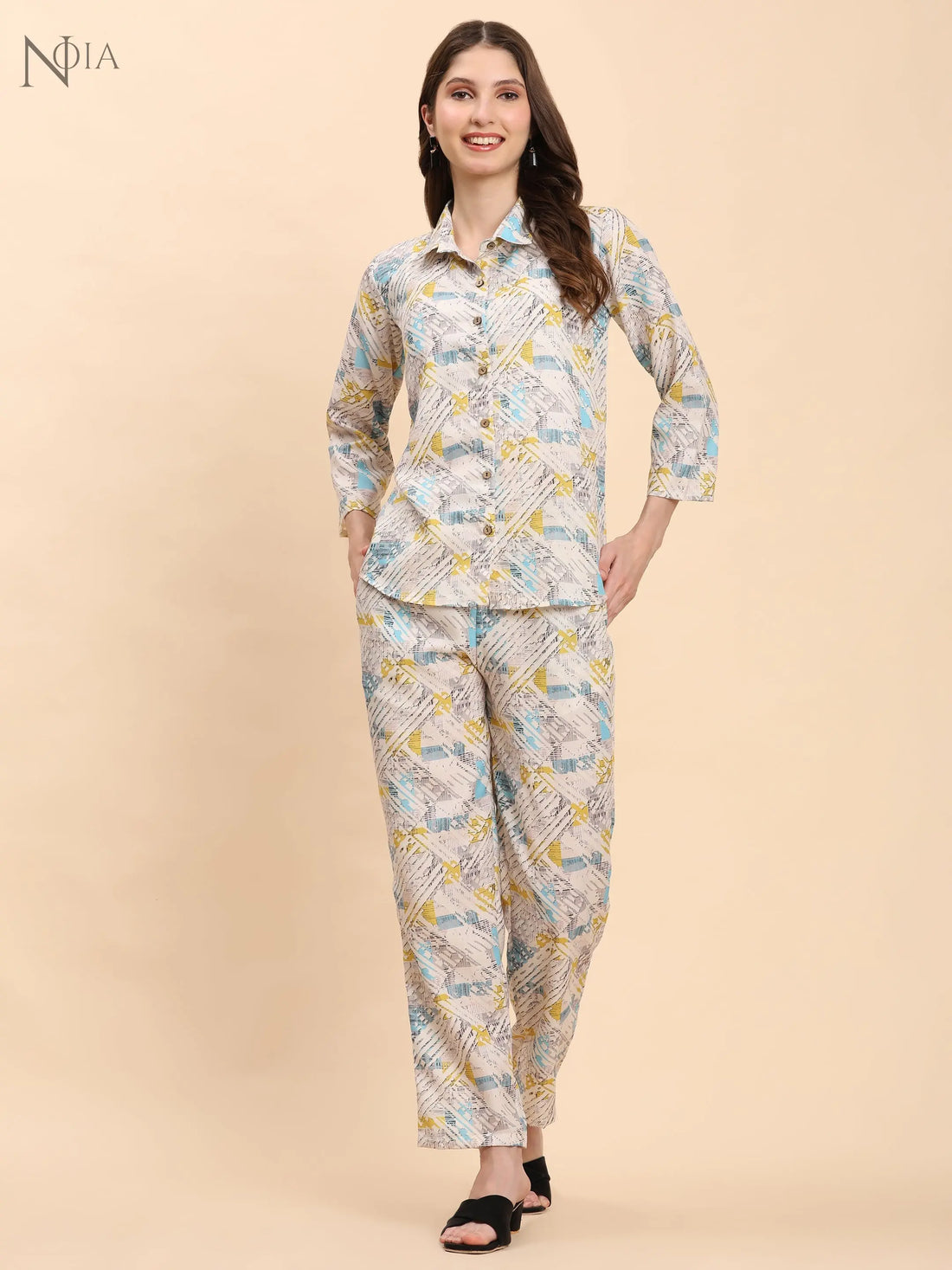 White & Multi Geometric Print Co-Ord Set – Shirt & Trousers Noia
