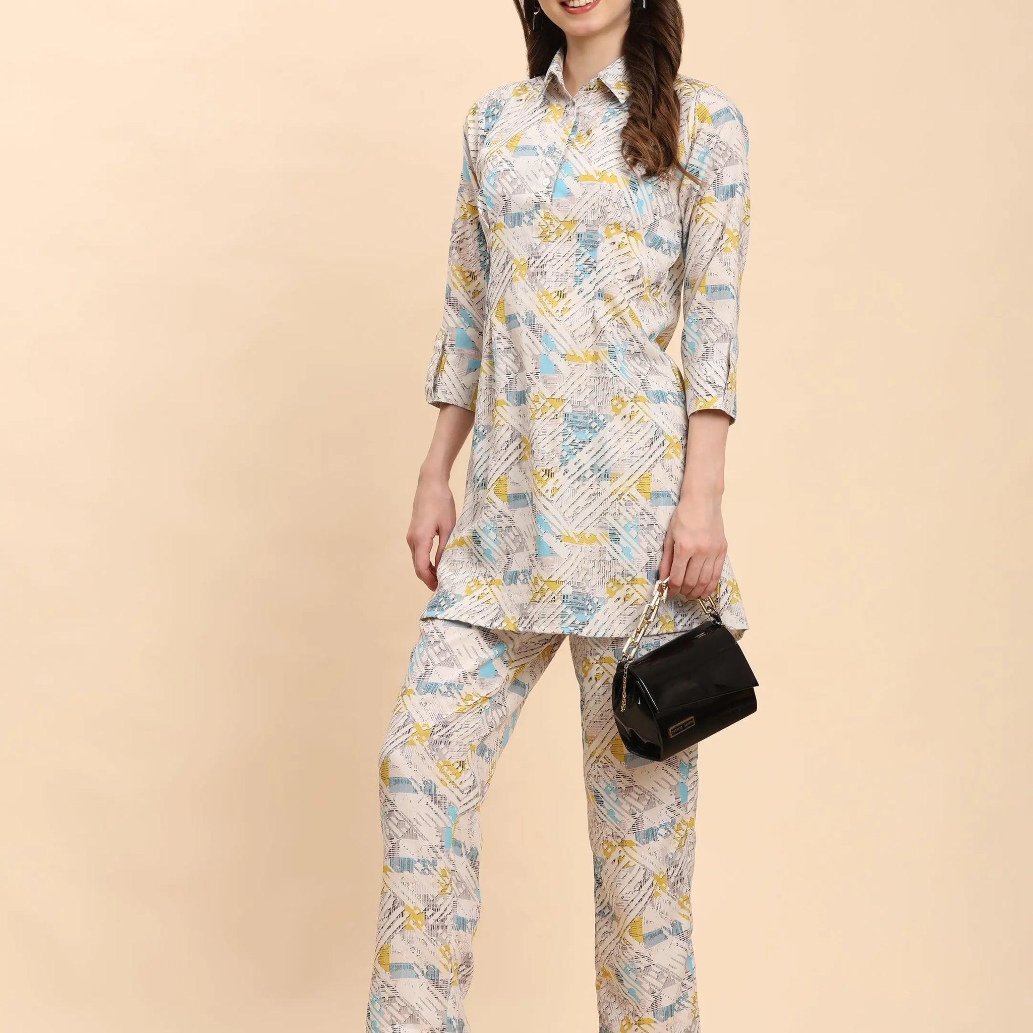 White & Multi Geometric Shirt Co-Ord Set for Women – Cotton Blend Noia
