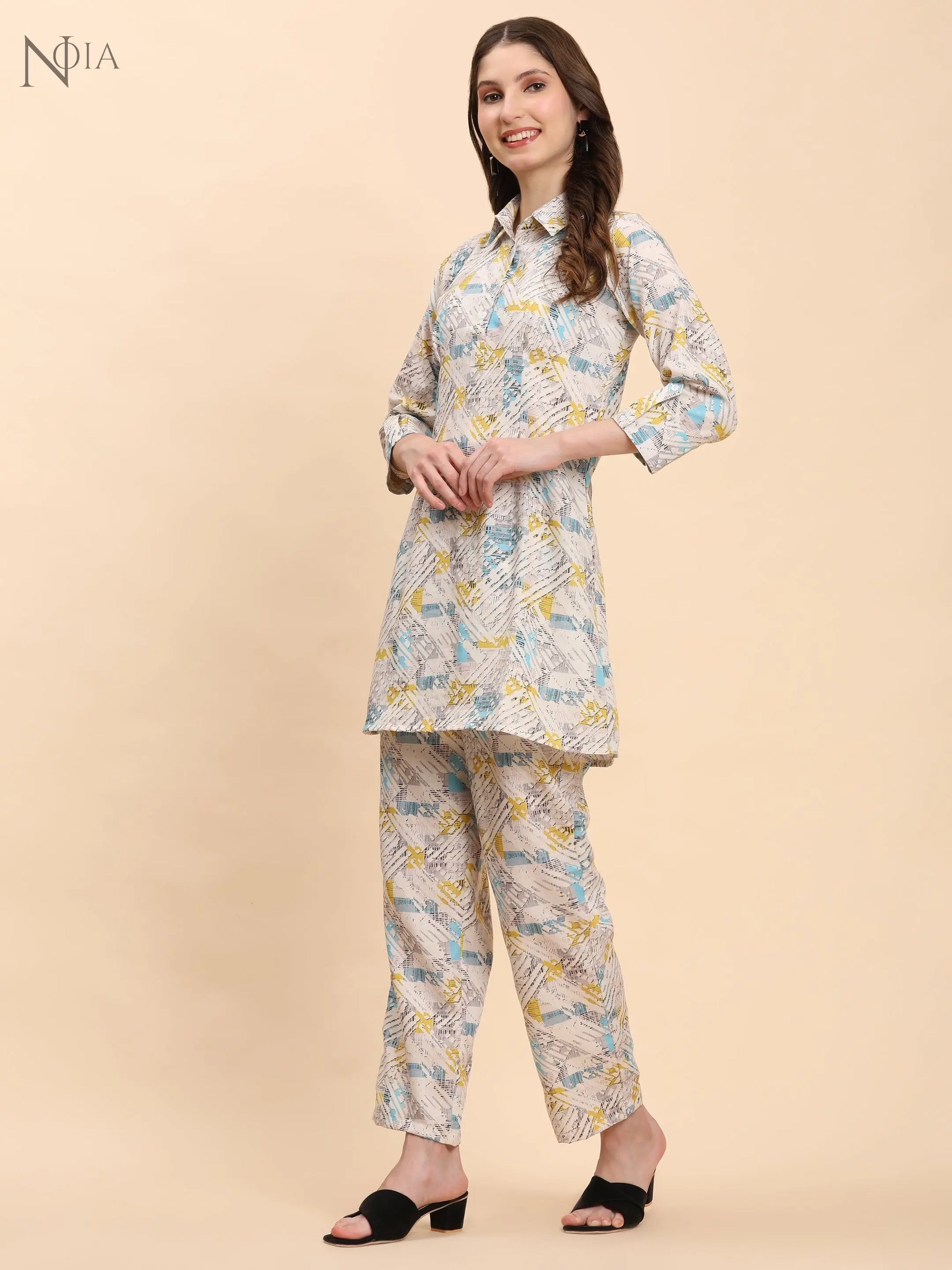 White & Multi Geometric Shirt Co-Ord Set for Women – Cotton Blend Noia
